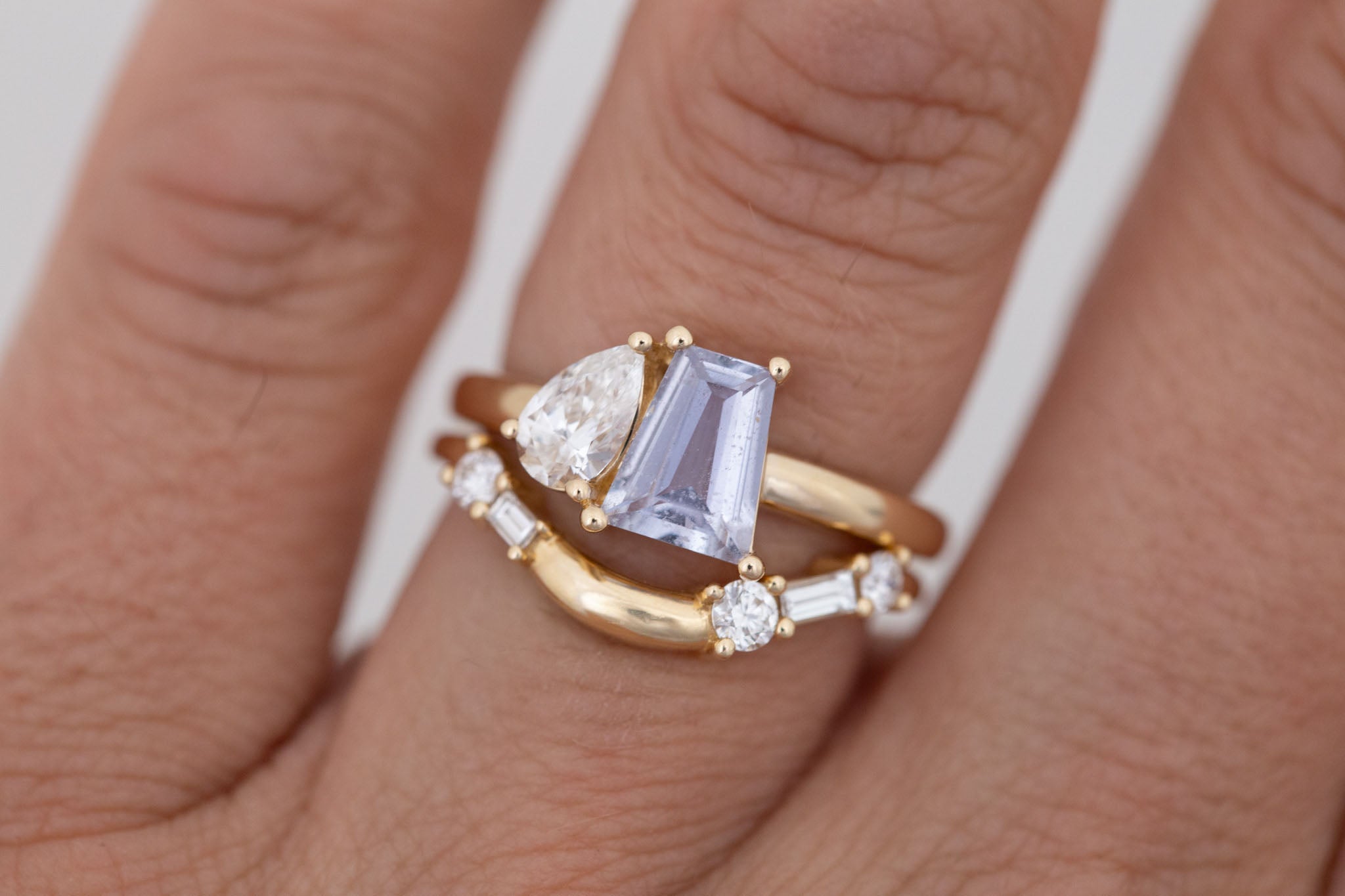 Liana Ring | Lavender Trapezoid Sapphire + Pear Diamond Engagement Ring 1.07 ct | 14k Recycled Gold | One of a Kind