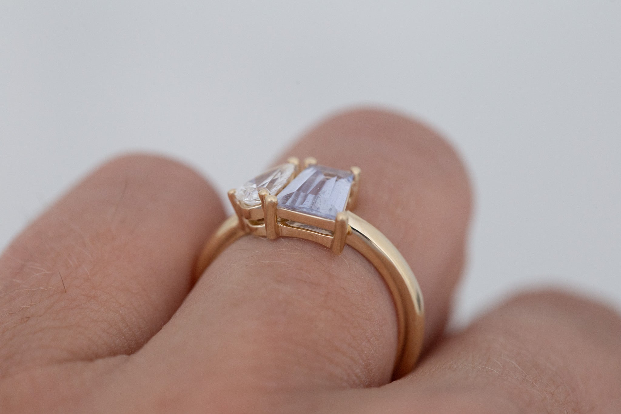Liana Ring | Lavender Trapezoid Sapphire + Pear Diamond Engagement Ring 1.07 ct | 14k Recycled Gold | One of a Kind
