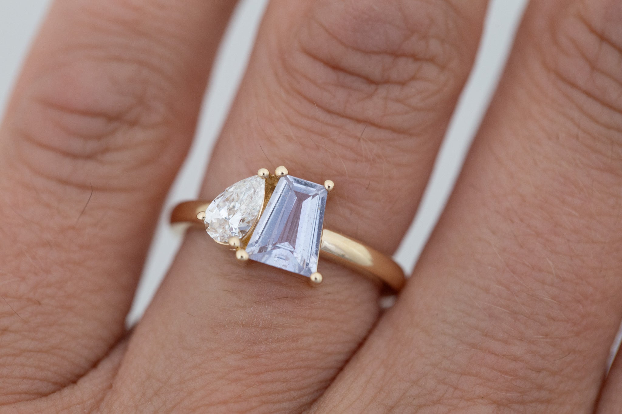 Liana Ring | Lavender Trapezoid Sapphire + Pear Diamond Engagement Ring 1.07 ct | 14k Recycled Gold | One of a Kind