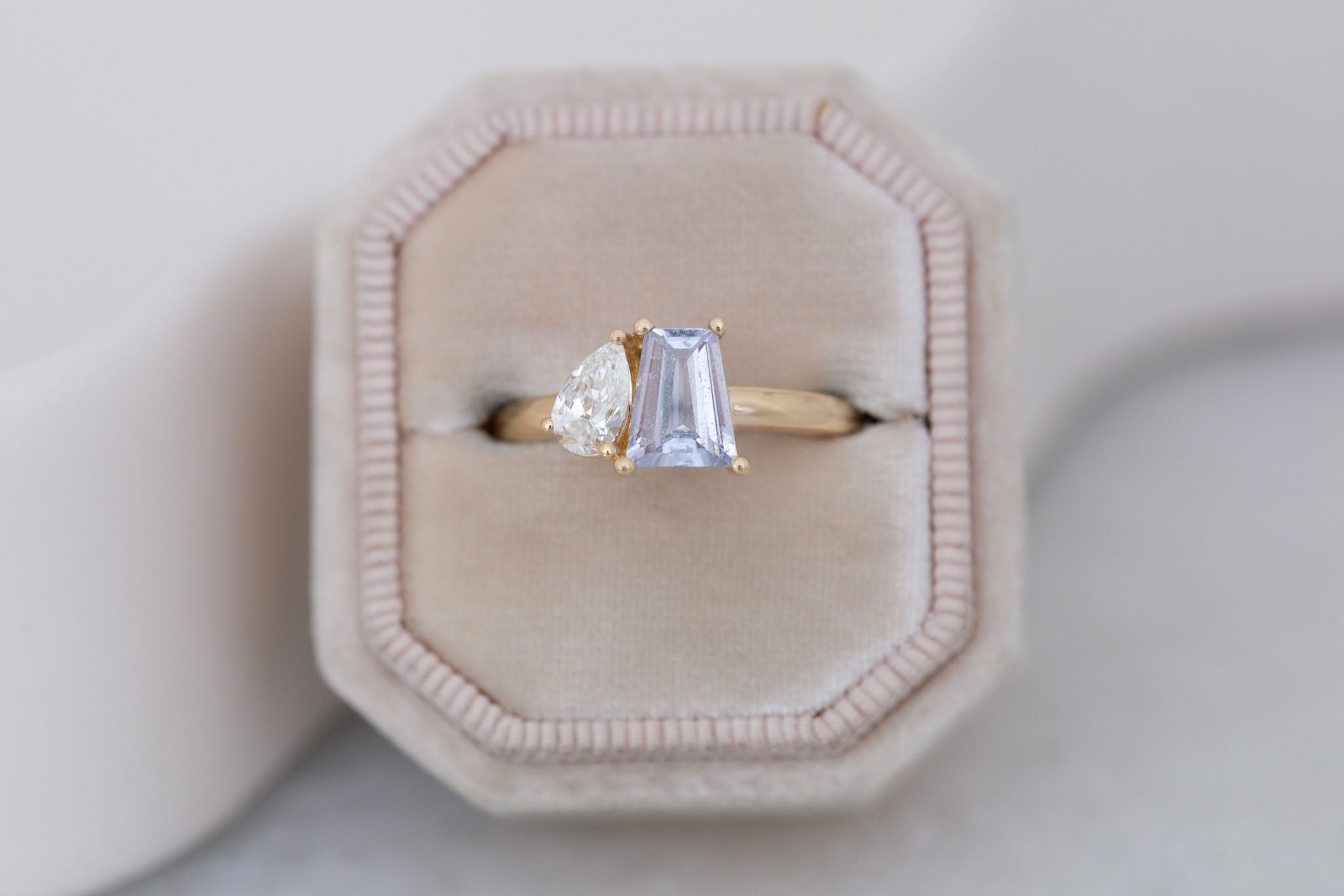 Liana Ring | Lavender Trapezoid Sapphire + Pear Diamond Engagement Ring 1.07 ct | 14k Recycled Gold | One of a Kind
