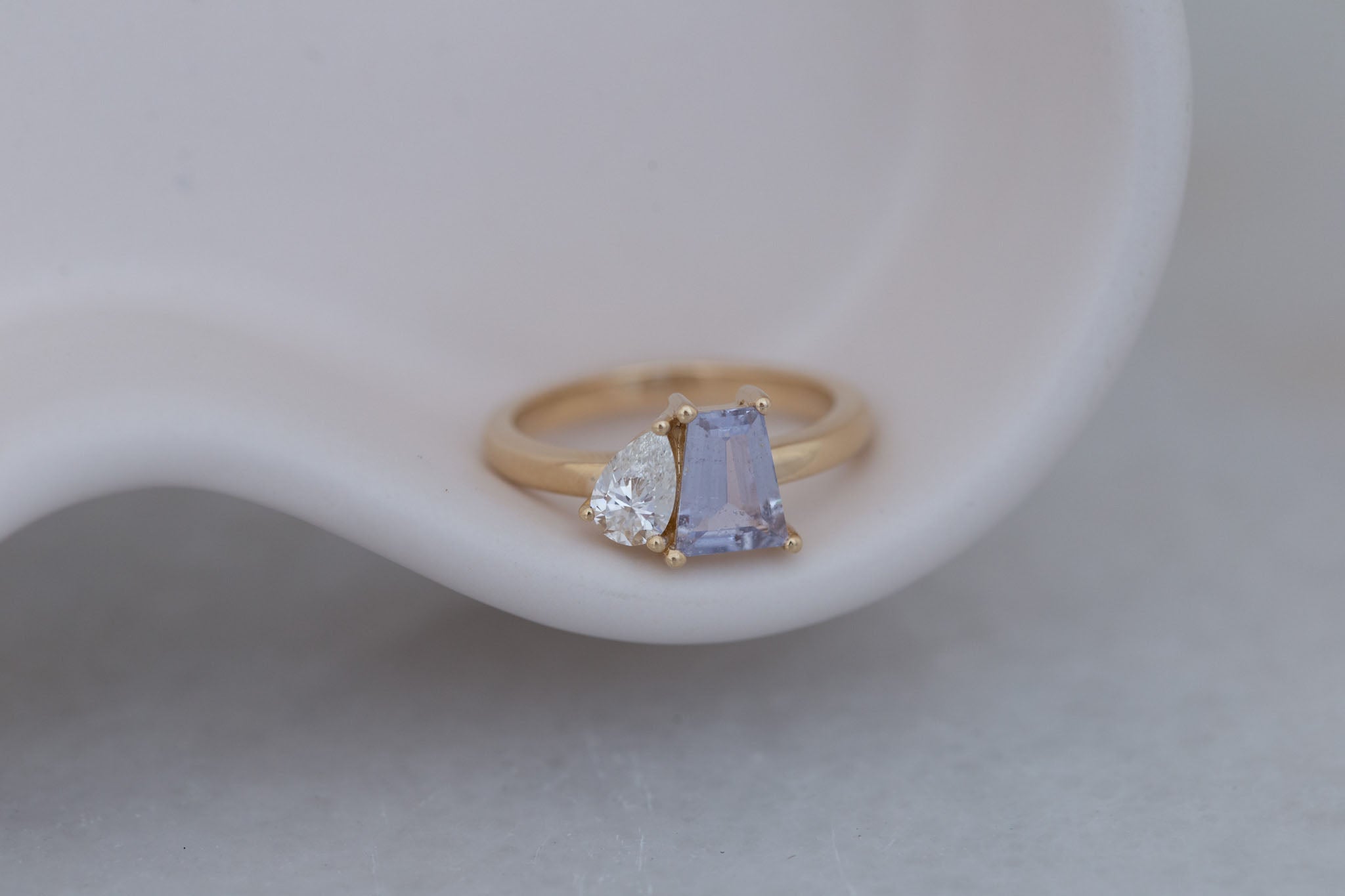 Liana Ring | Lavender Trapezoid Sapphire + Pear Diamond Engagement Ring 1.07 ct | 14k Recycled Gold | One of a Kind