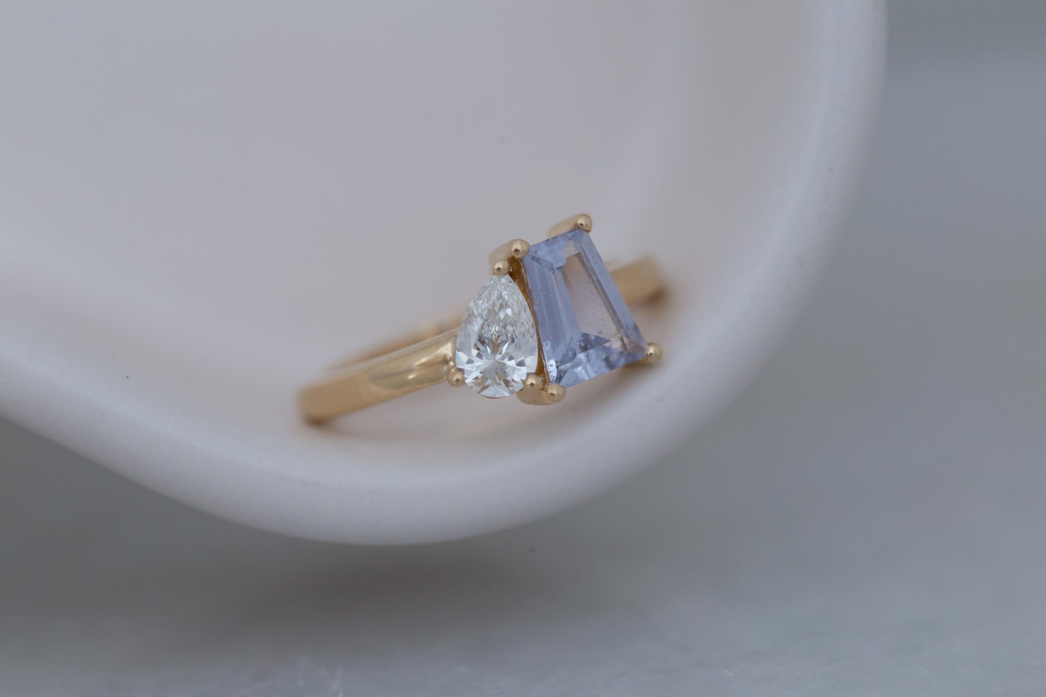Liana Ring | Lavender Trapezoid Sapphire + Pear Diamond Engagement Ring 1.07 ct | 14k Recycled Gold | One of a Kind