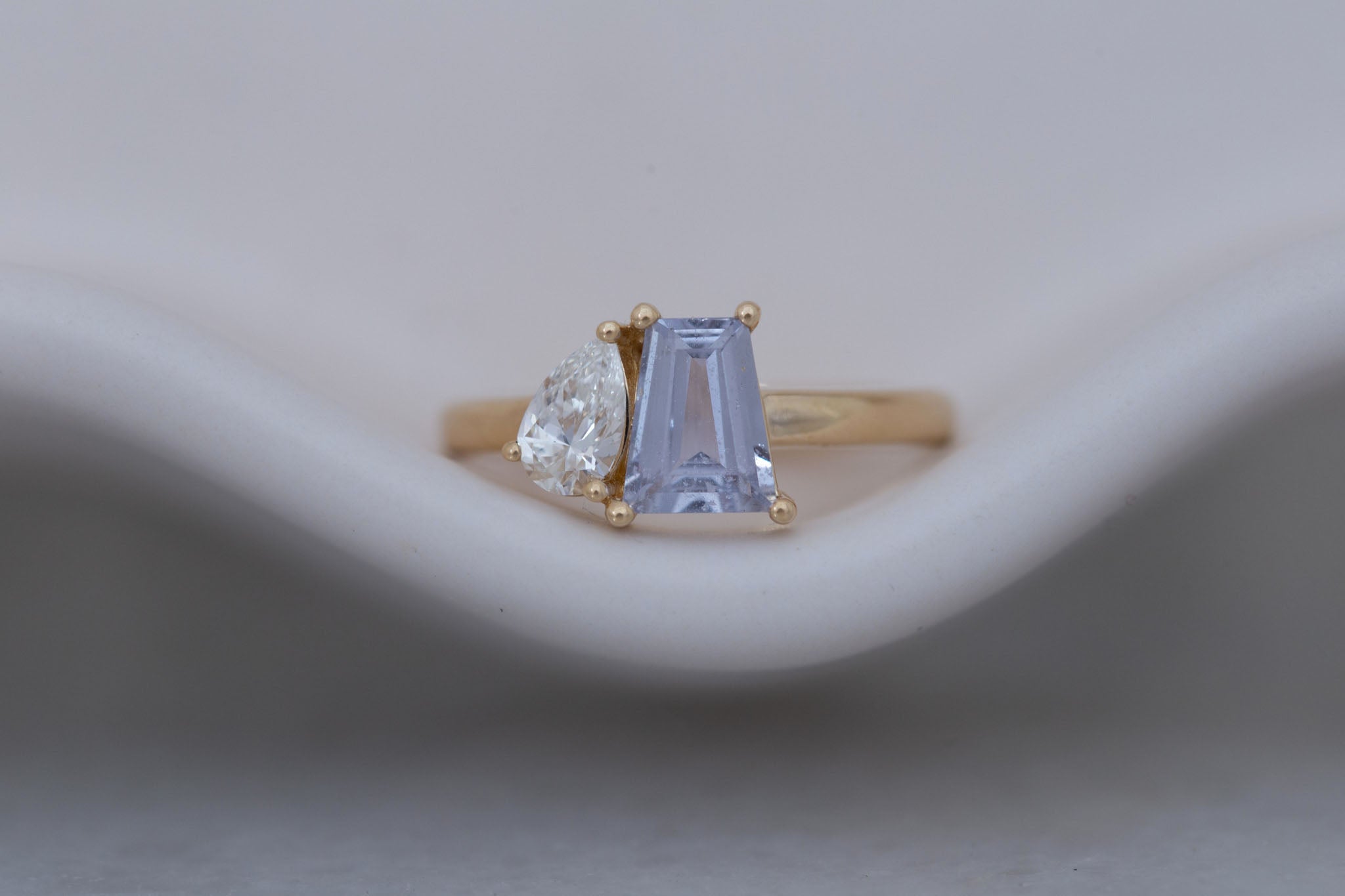 Liana Ring | Lavender Trapezoid Sapphire + Pear Diamond Engagement Ring 1.07 ct | 14k Recycled Gold | One of a Kind