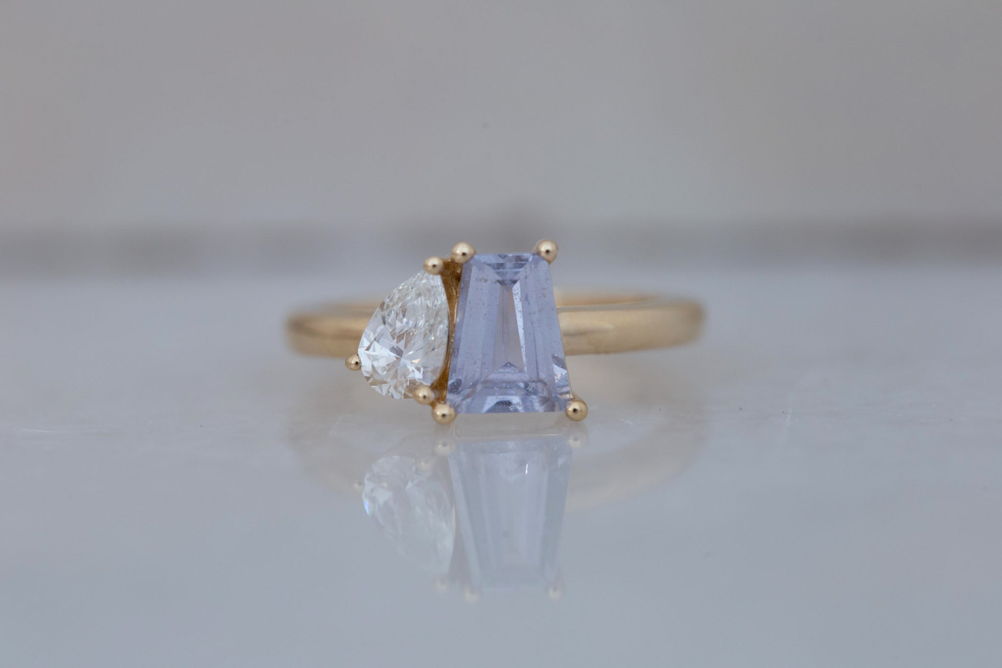 Liana Ring | Lavender Trapezoid Sapphire + Pear Diamond Engagement Ring 1.07 ct | 14k Recycled Gold | One of a Kind