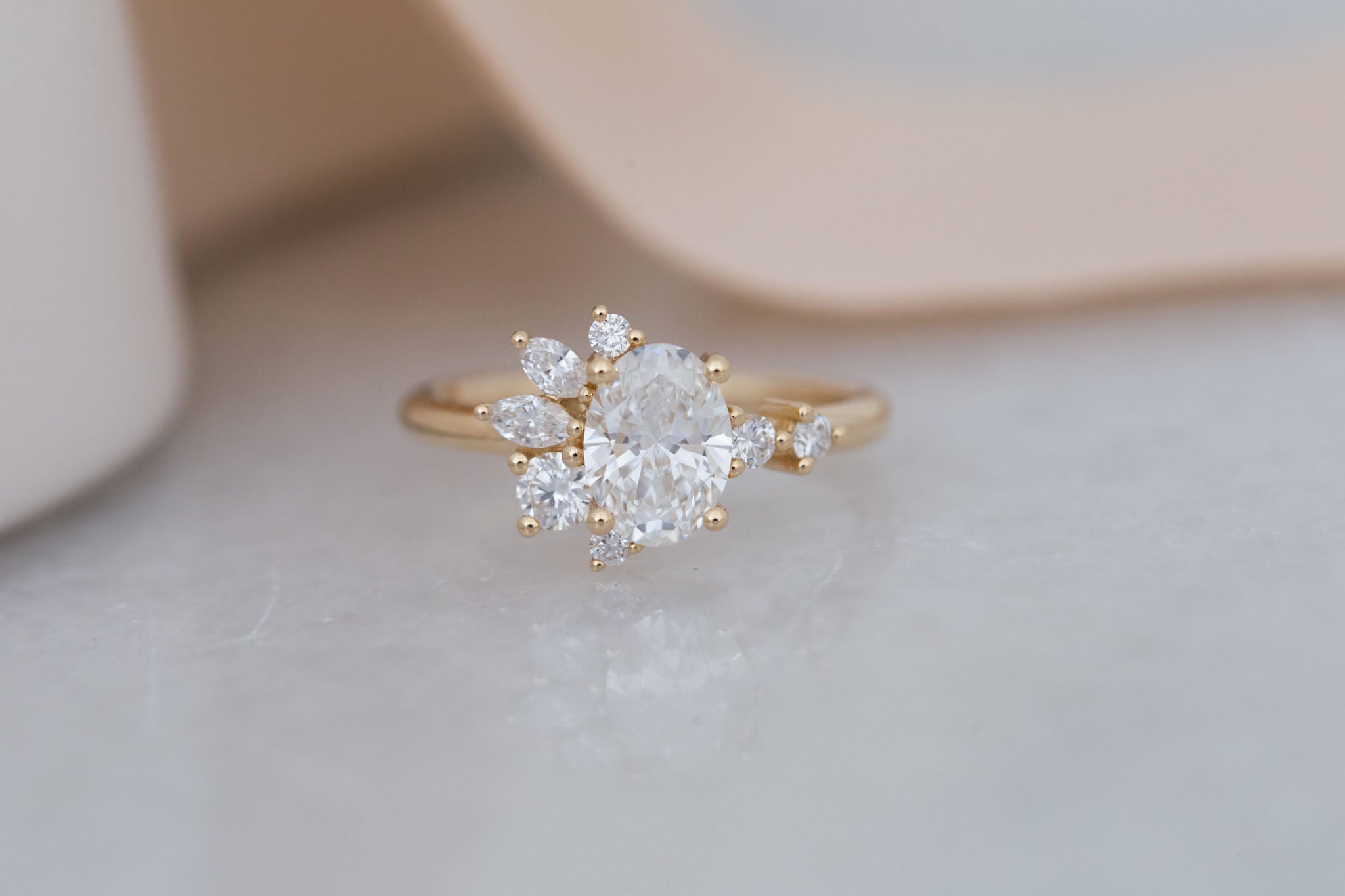 Ambretta Ring | Lab Oval Diamond + Lab Diamond Cluster Engagement Ring 1.10 ct | 14k Recycled Gold | One of a Kind