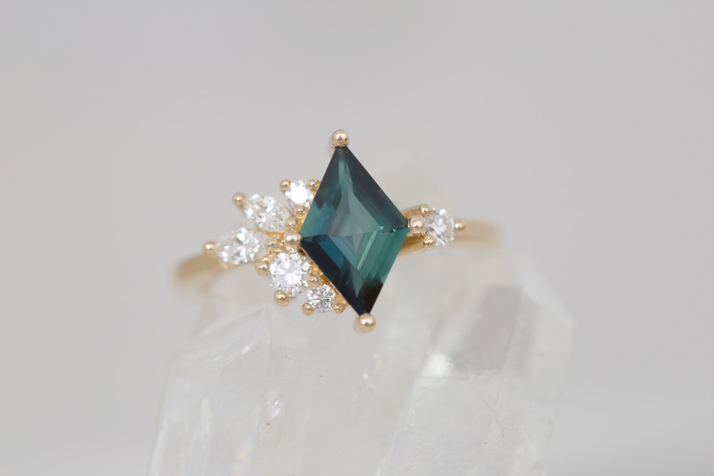 Alden Ring | Teal Sapphire Kite + Diamond Cluster Engagement Ring 1.14