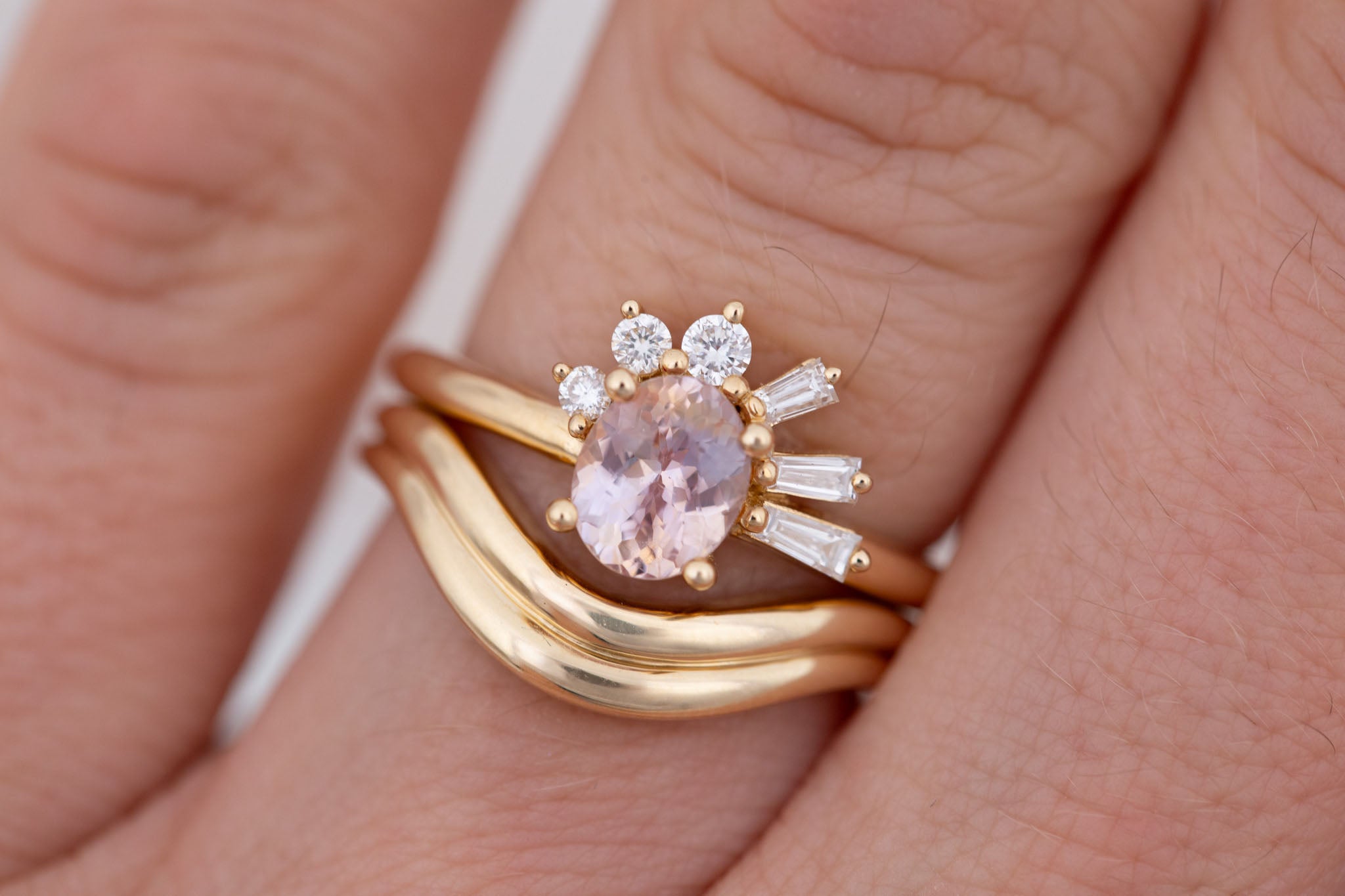 Sol Ring | Peach Oval Sapphire + Baguette and Round Diamond Cluster Engagement Ring 1.16 ct | 14k Recycled Gold | One of a Kind