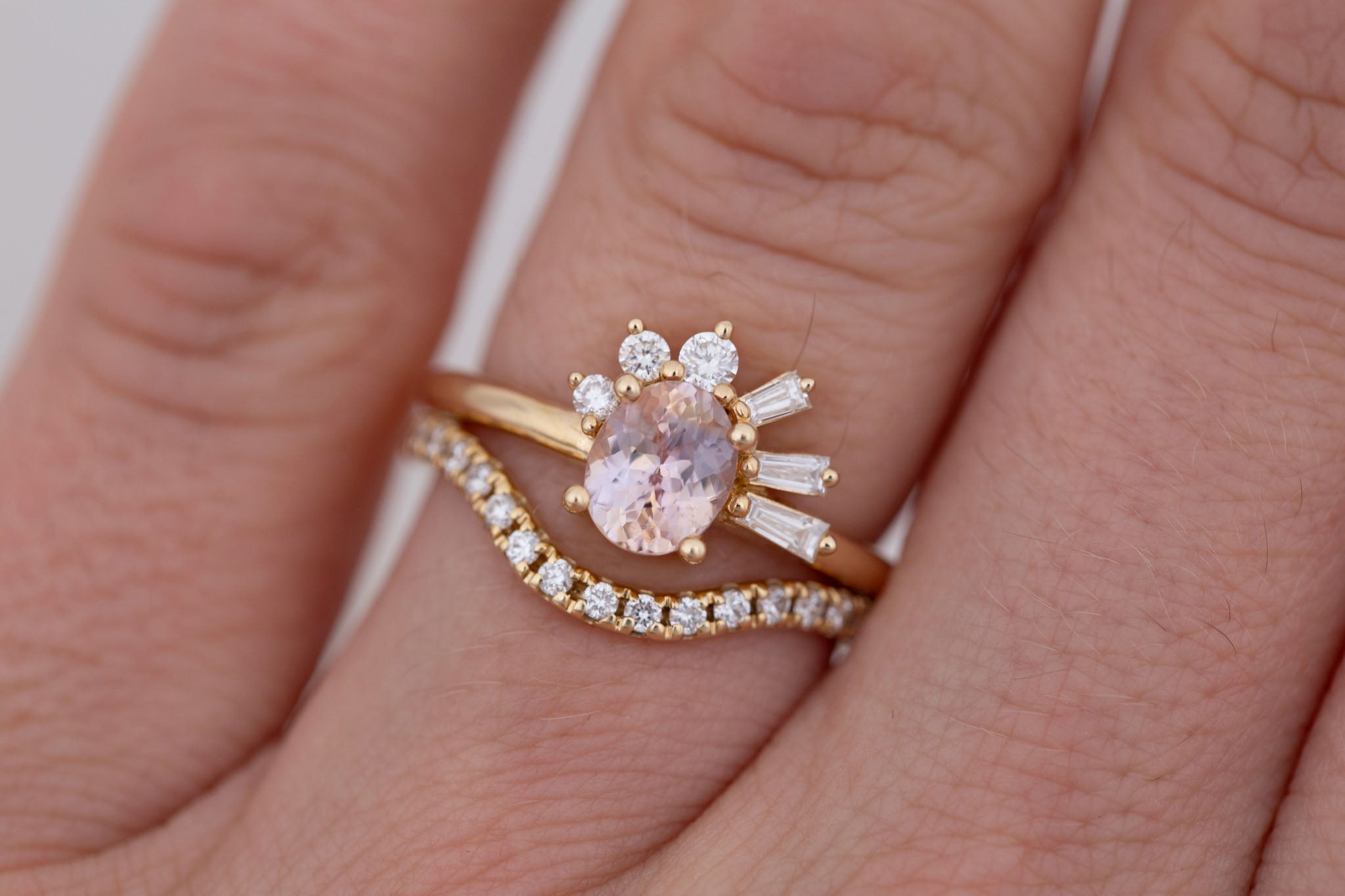 Sol Ring | Peach Oval Sapphire + Baguette and Round Diamond Cluster Engagement Ring 1.16 ct | 14k Recycled Gold | One of a Kind