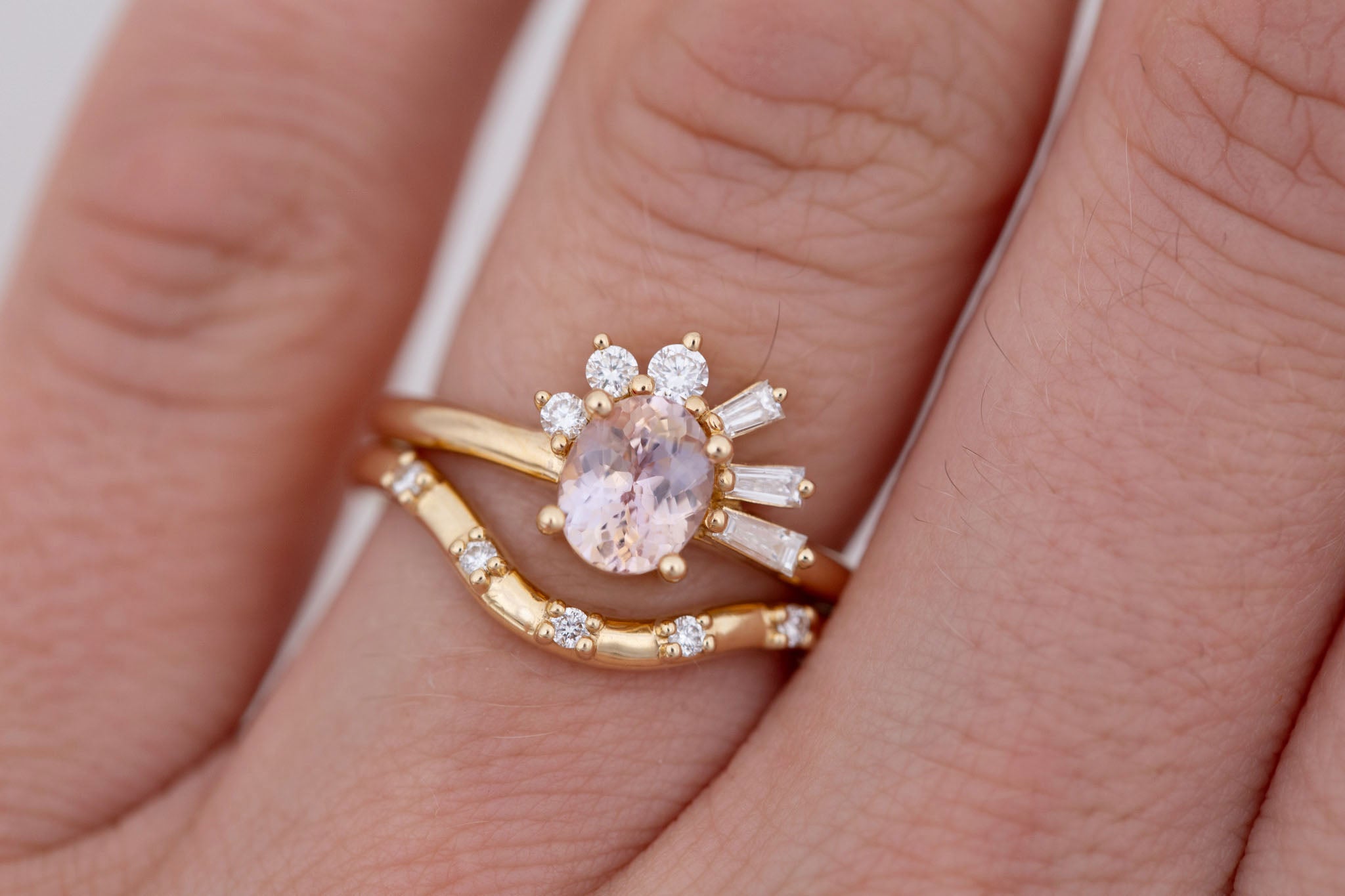 Sol Ring | Peach Oval Sapphire + Baguette and Round Diamond Cluster Engagement Ring 1.16 ct | 14k Recycled Gold | One of a Kind