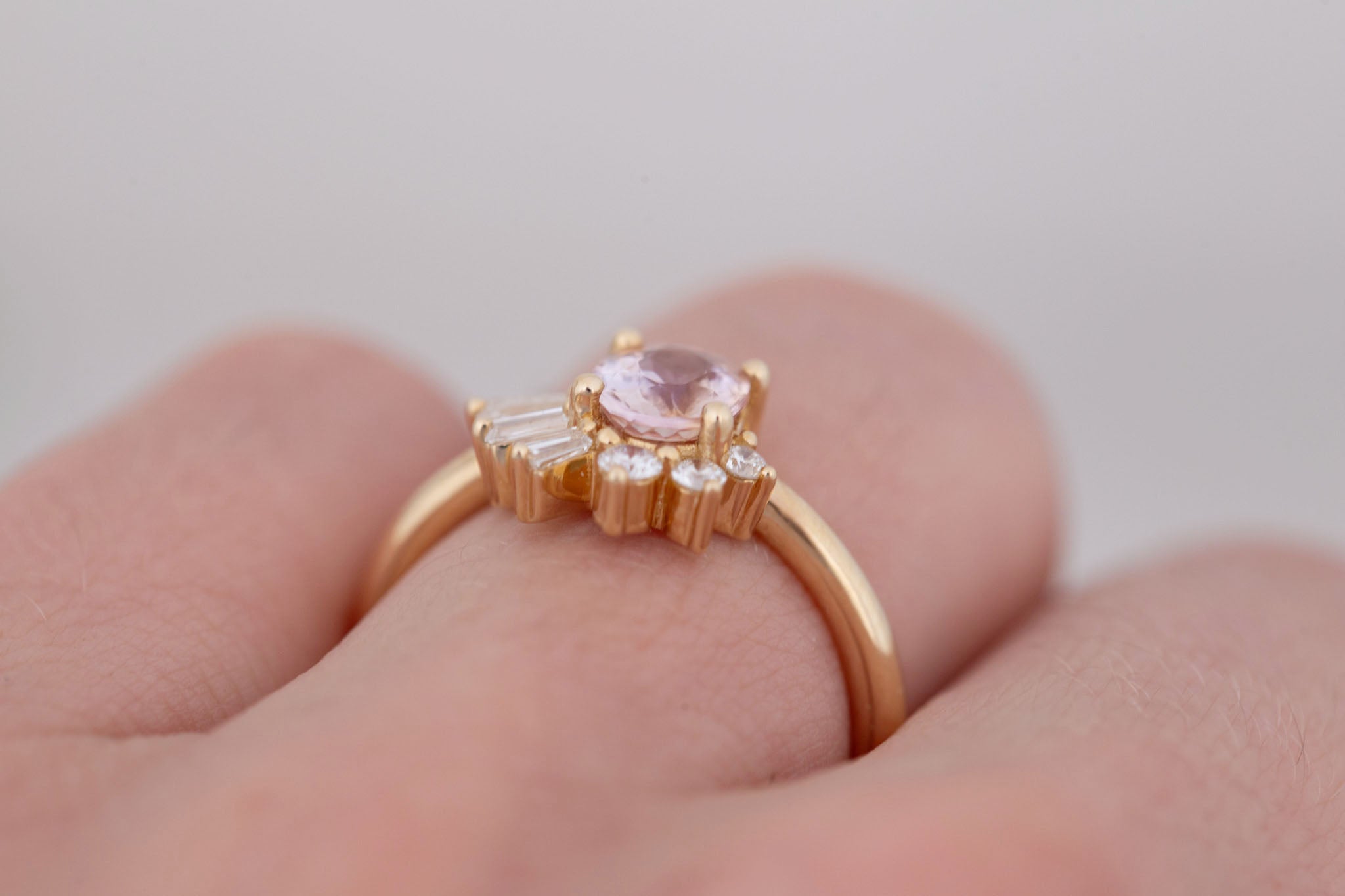 Sol Ring | Peach Oval Sapphire + Baguette and Round Diamond Cluster Engagement Ring 1.16 ct | 14k Recycled Gold | One of a Kind