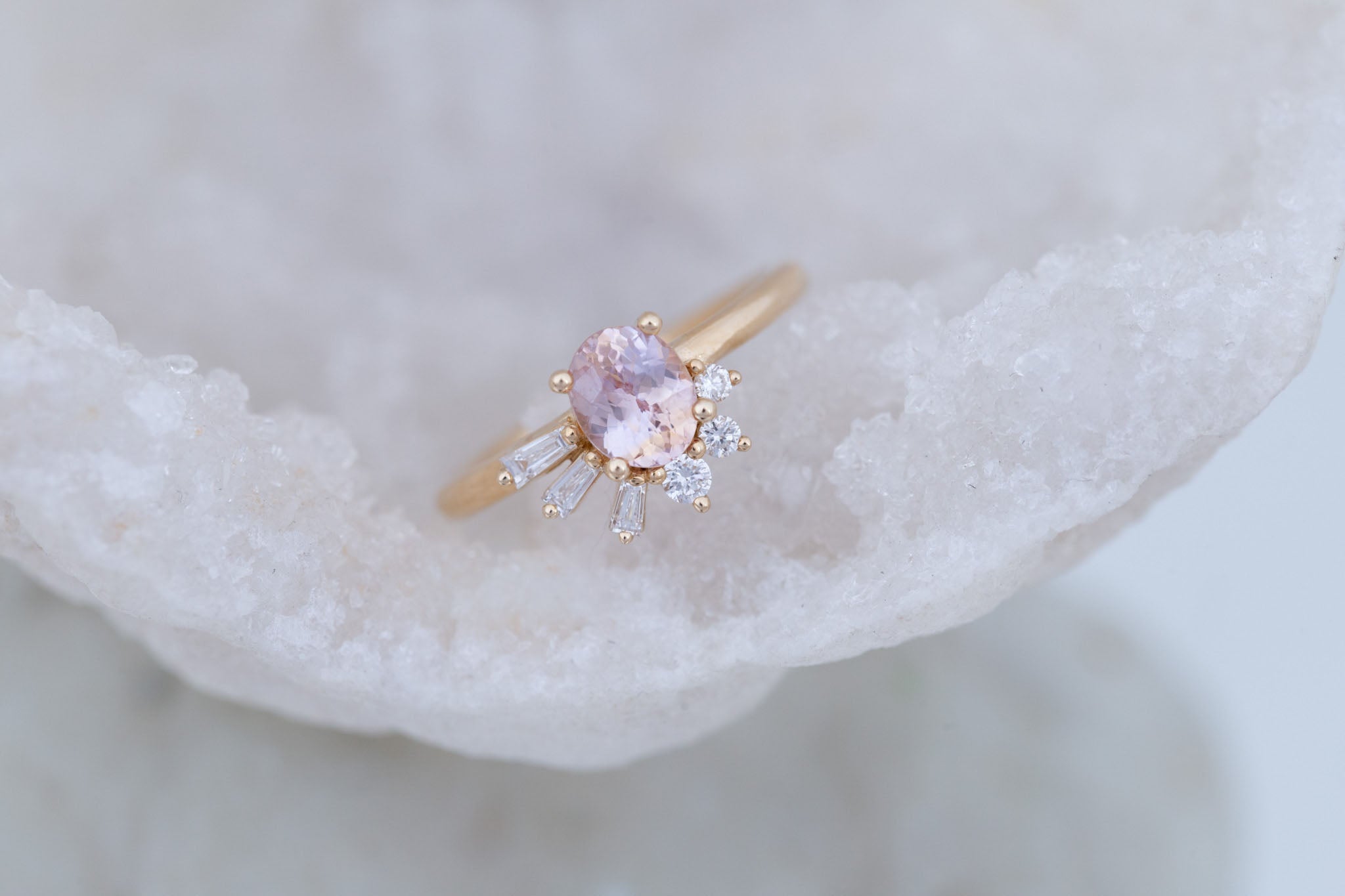 Sol Ring | Peach Oval Sapphire + Baguette and Round Diamond Cluster Engagement Ring 1.16 ct | 14k Recycled Gold | One of a Kind