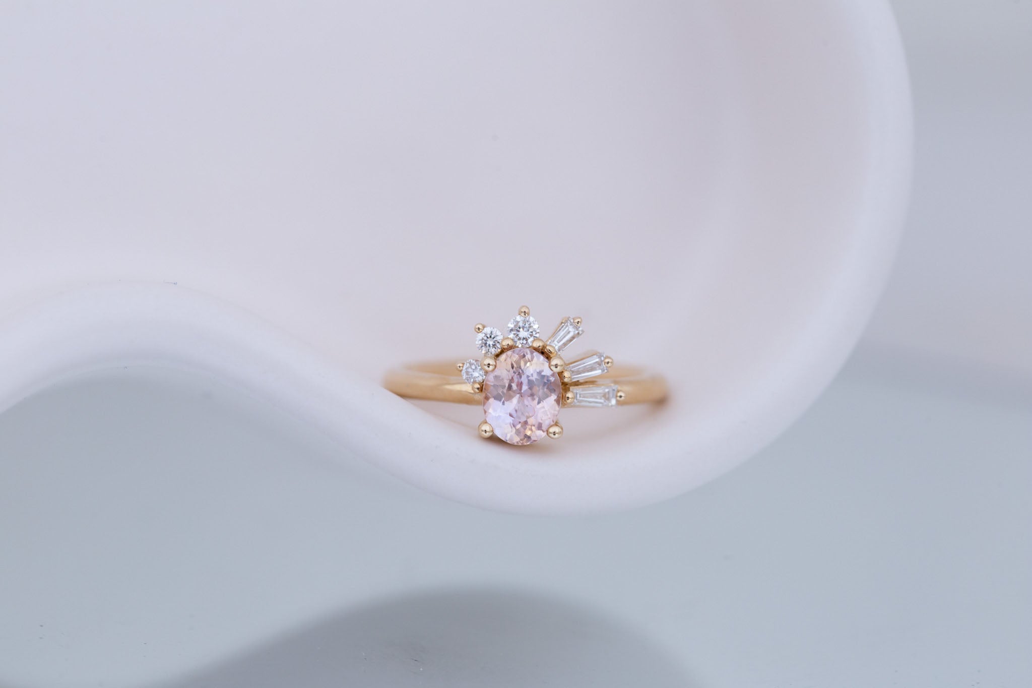 Sol Ring | Peach Oval Sapphire + Baguette and Round Diamond Cluster Engagement Ring 1.16 ct | 14k Recycled Gold | One of a Kind