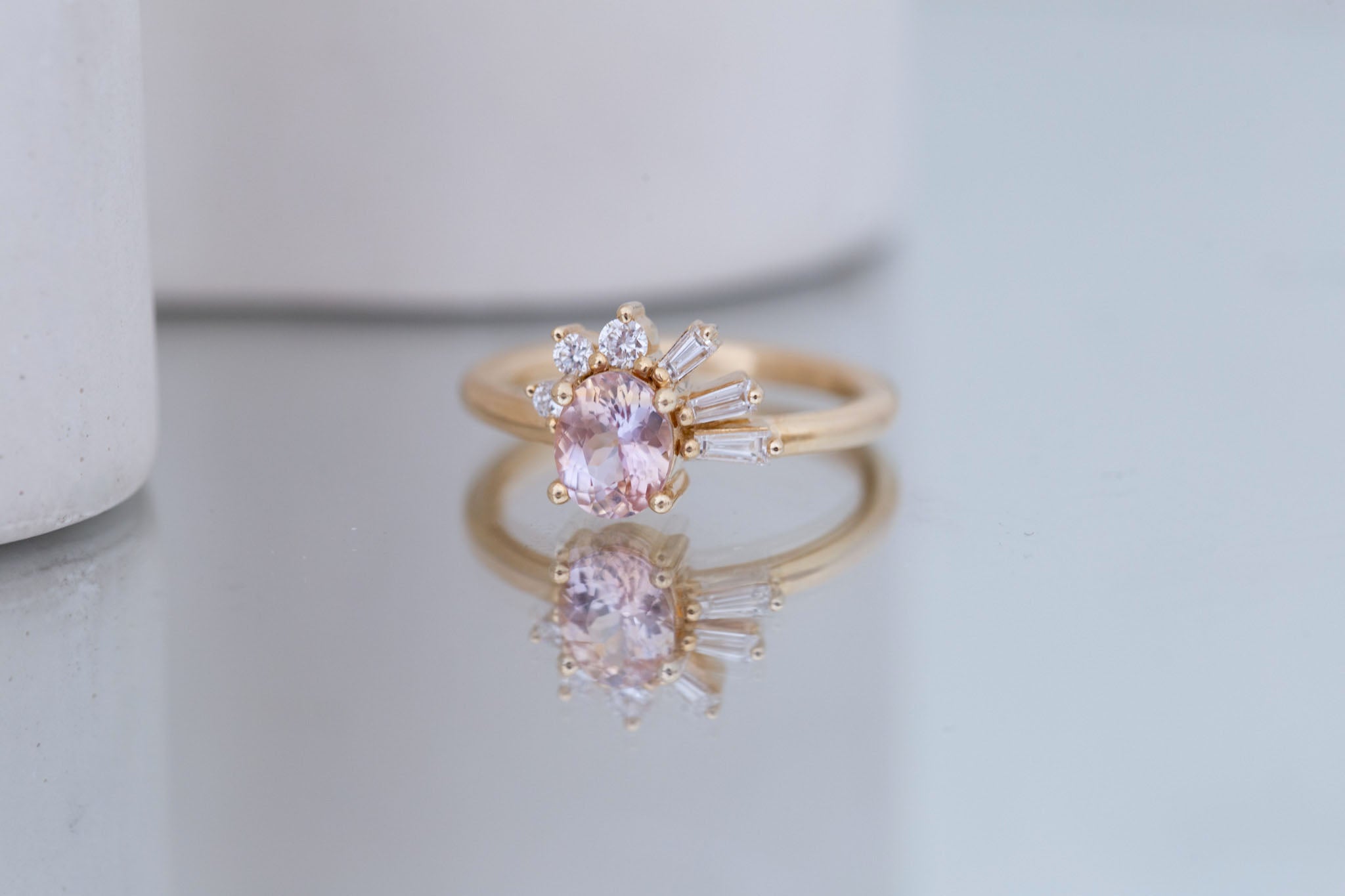 Sol Ring | Peach Oval Sapphire + Baguette and Round Diamond Cluster Engagement Ring 1.16 ct | 14k Recycled Gold | One of a Kind