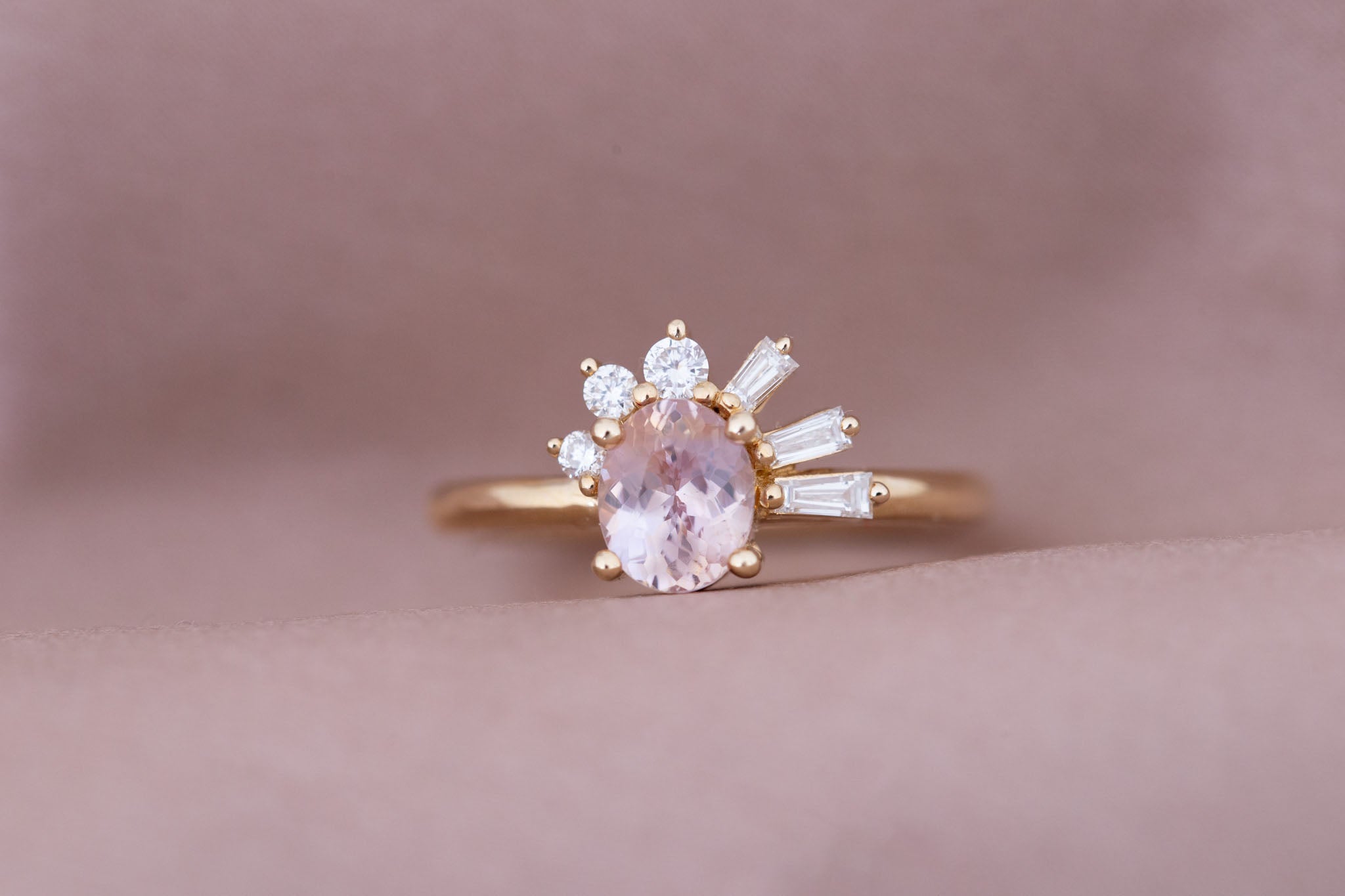 Sol Ring | Peach Oval Sapphire + Baguette and Round Diamond Cluster Engagement Ring 1.16 ct | 14k Recycled Gold | One of a Kind