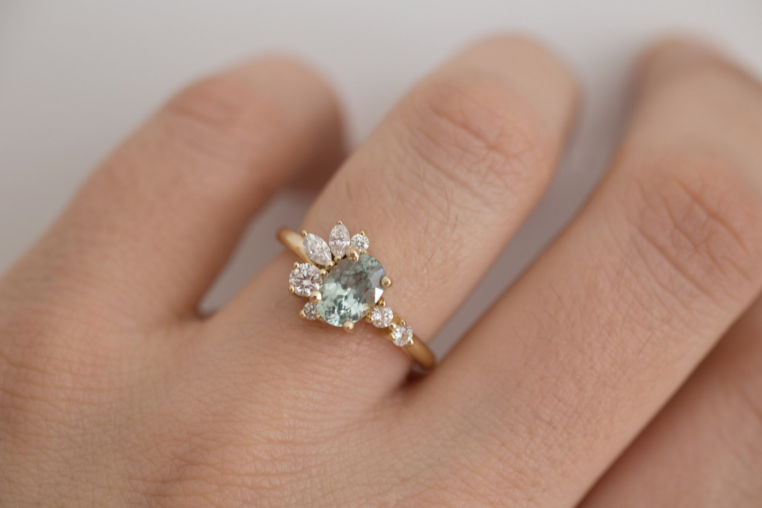 Ambretta Ring | Oval Mint Sapphire + Diamond Cluster Engagement Ring | 14k Recycled Gold | One of a Kind