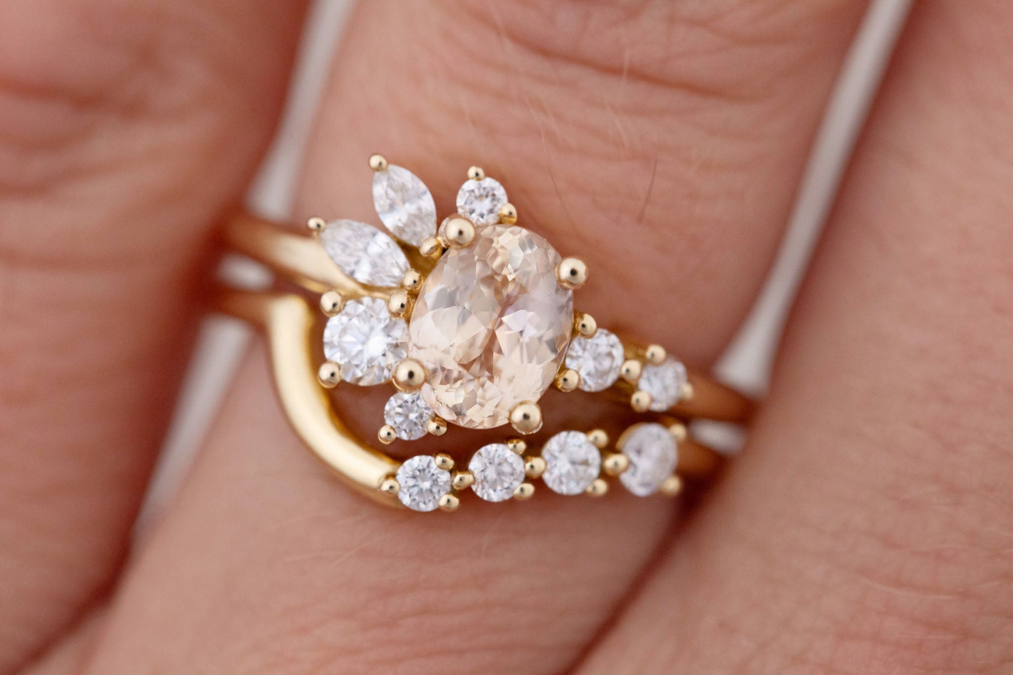 Ambretta Ring | Peach Oval Sapphire + Diamond Cluster Engagement Ring 1.30 ct | 14k Recycled Gold | One of a Kind