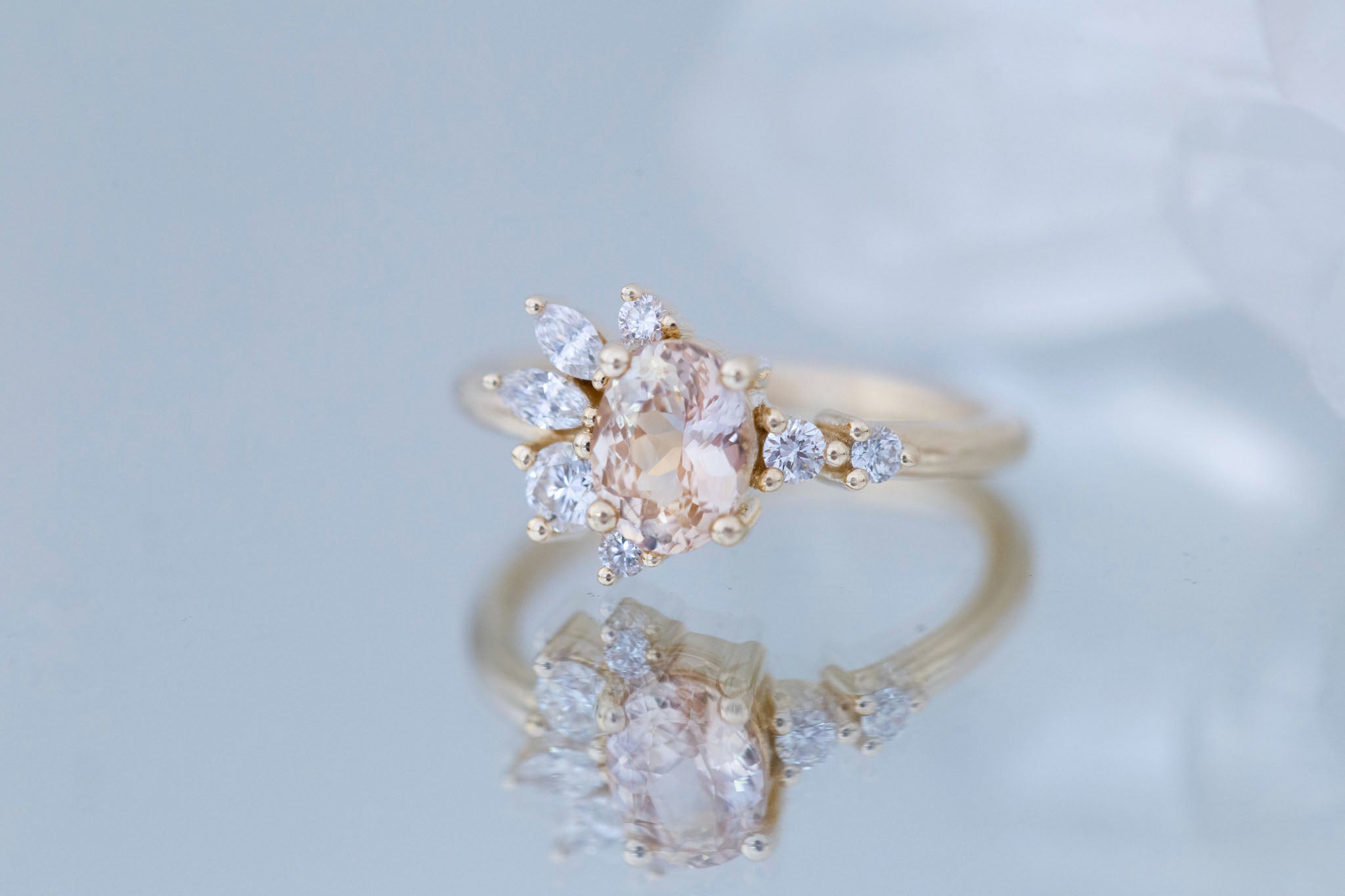 Ambretta Ring | Peach Oval Sapphire + Diamond Cluster Engagement Ring 1.30 ct | 14k Recycled Gold | One of a Kind