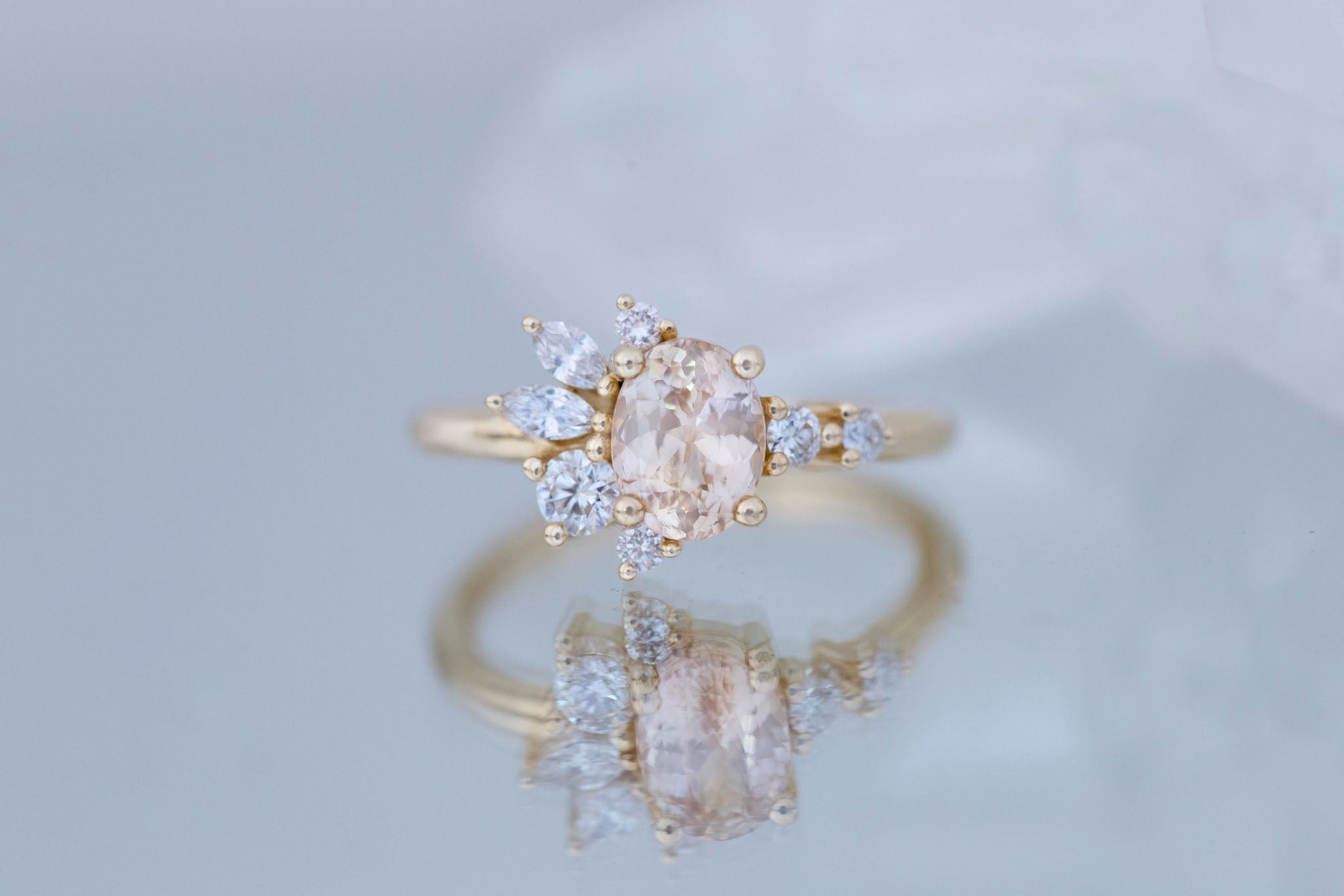 Ambretta Ring | Peach Oval Sapphire + Diamond Cluster Engagement Ring 1.30 ct | 14k Recycled Gold | One of a Kind