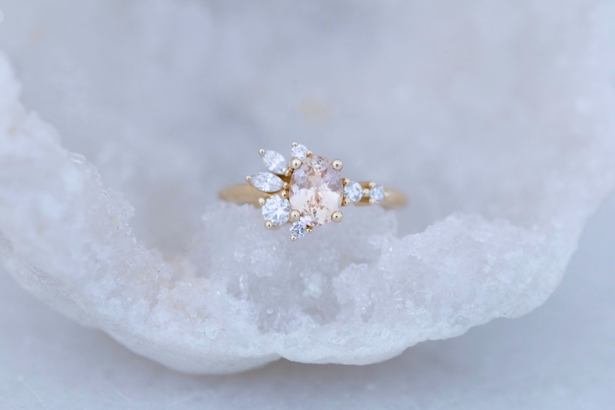 Ambretta Ring | Peach Oval Sapphire + Diamond Cluster Engagement Ring 1.30 ct | 14k Recycled Gold | One of a Kind