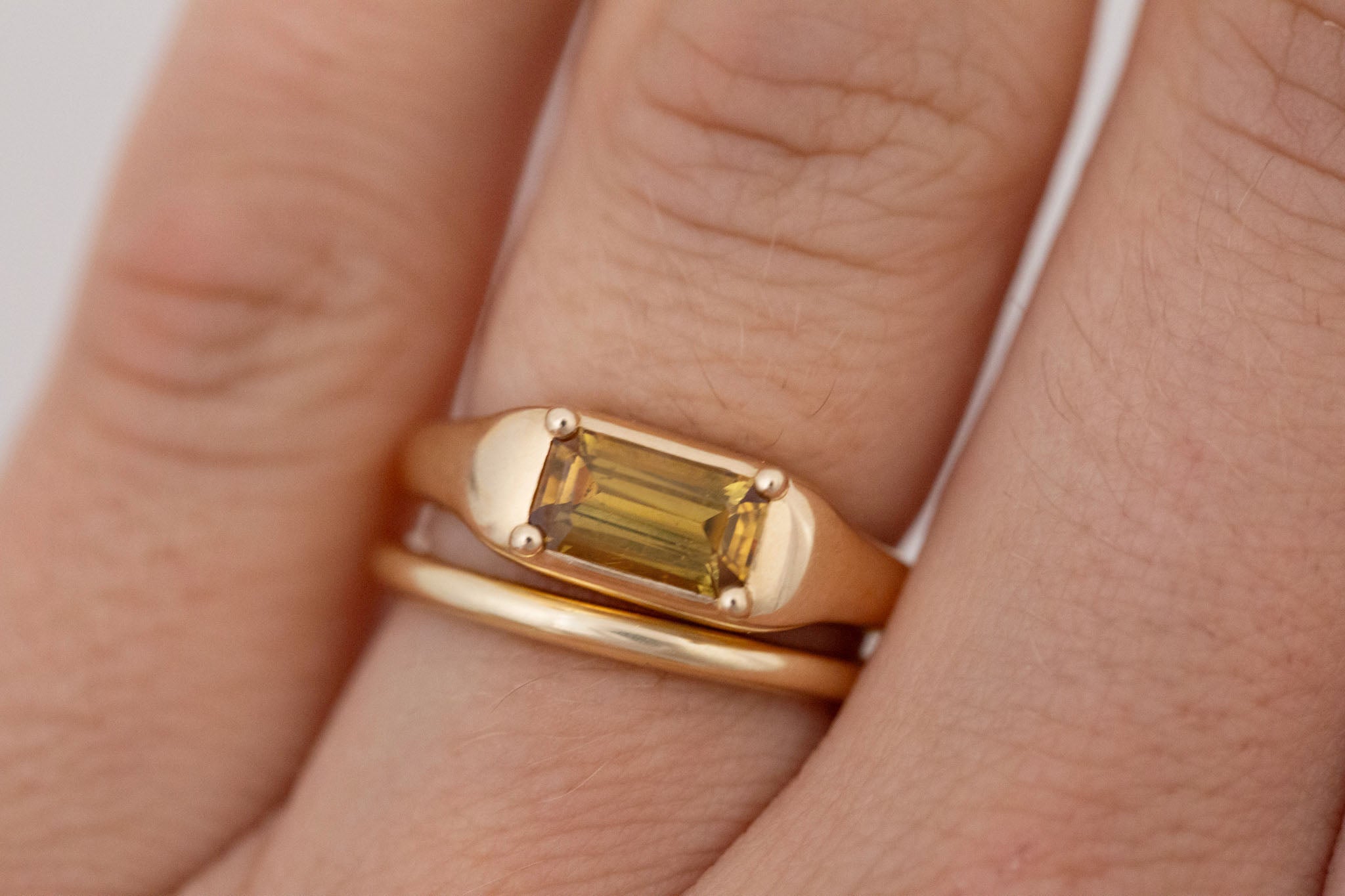 Donovan Ring | Ochre Emerald Cut Sapphire Signet Engagement Ring | 14k Recycled Gold | One of a Kind