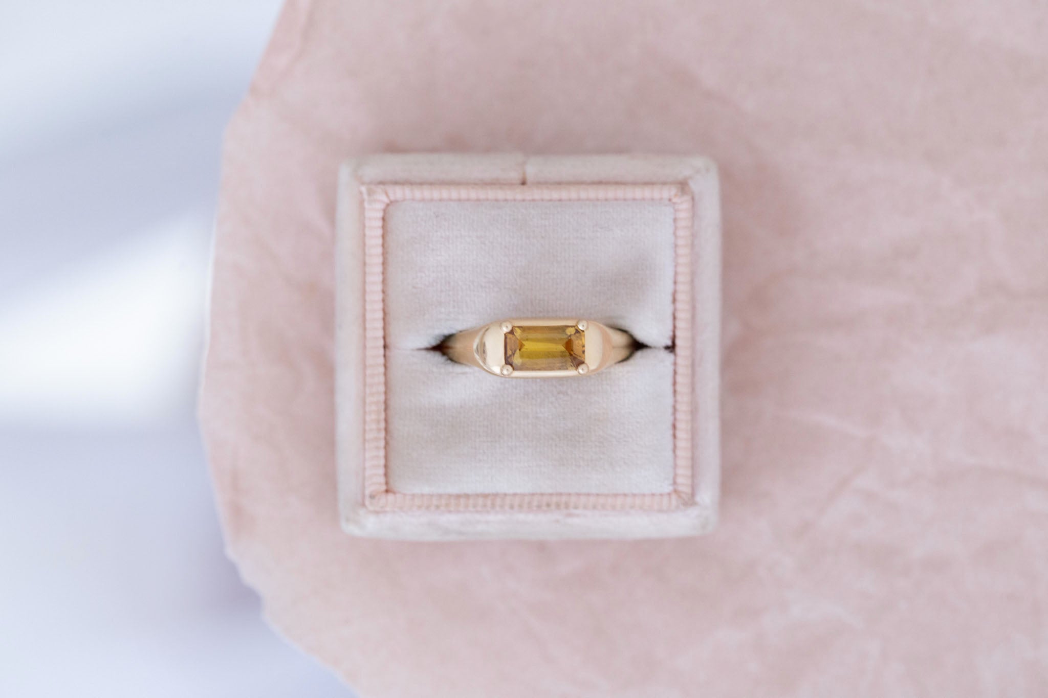 Donovan Ring | Ochre Emerald Cut Sapphire Signet Engagement Ring | 14k Recycled Gold | One of a Kind