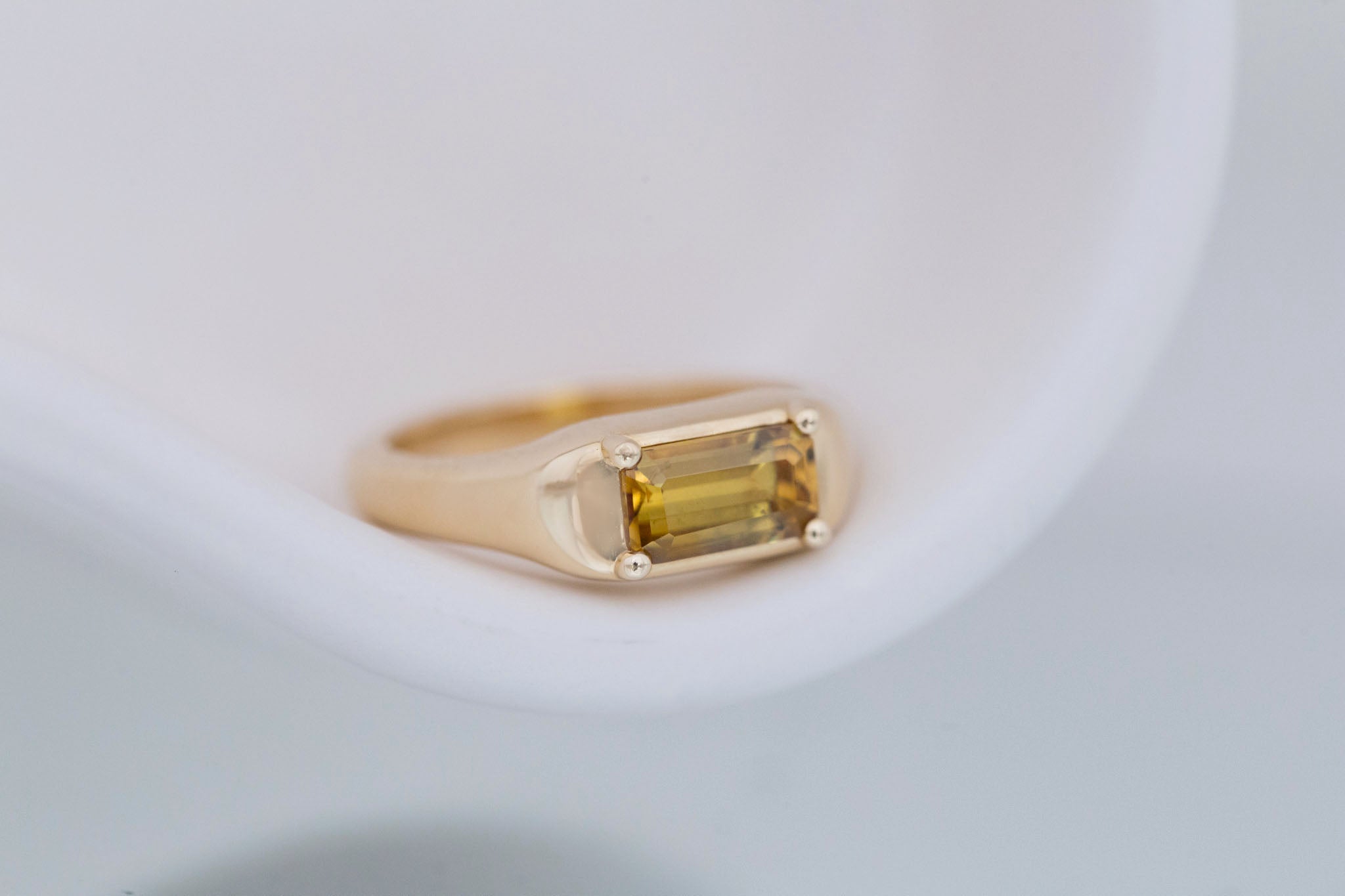 Donovan Ring | Ochre Emerald Cut Sapphire Signet Engagement Ring | 14k Recycled Gold | One of a Kind