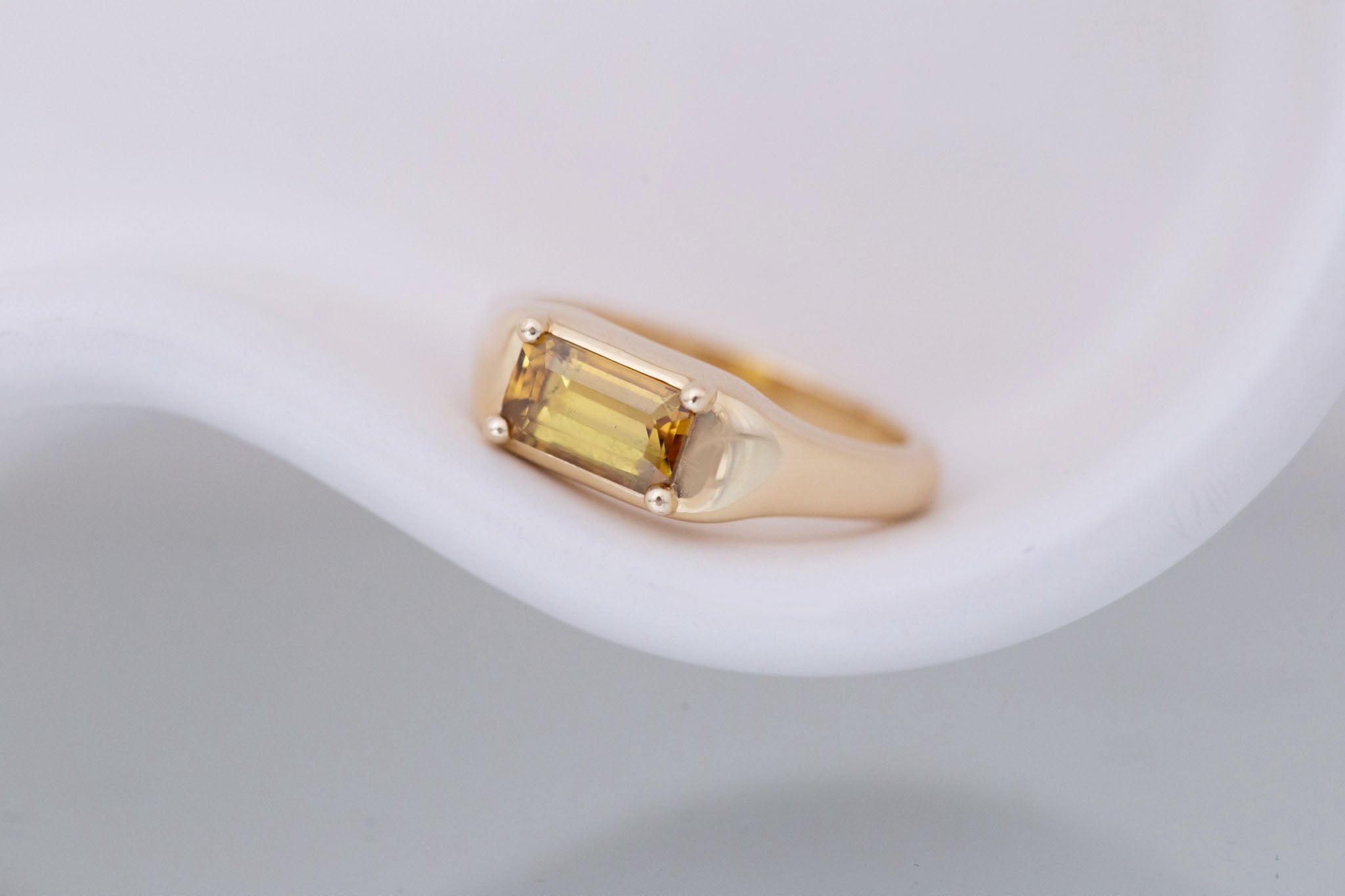 Donovan Ring | Ochre Emerald Cut Sapphire Signet Engagement Ring | 14k Recycled Gold | One of a Kind