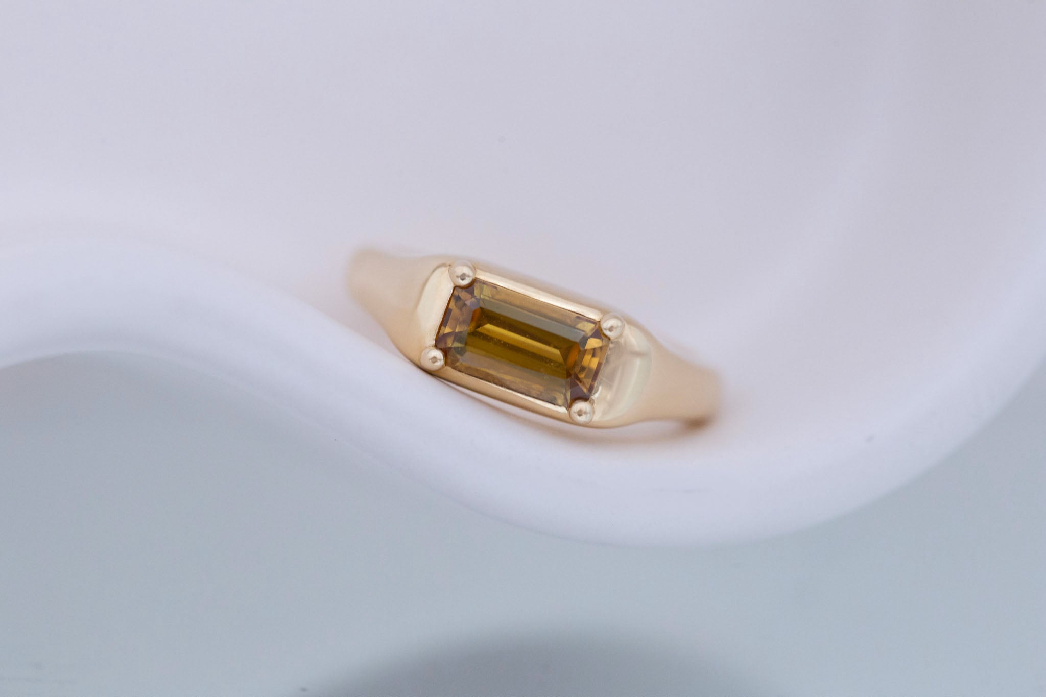 Donovan Ring | Ochre Emerald Cut Sapphire Signet Engagement Ring | 14k Recycled Gold | One of a Kind