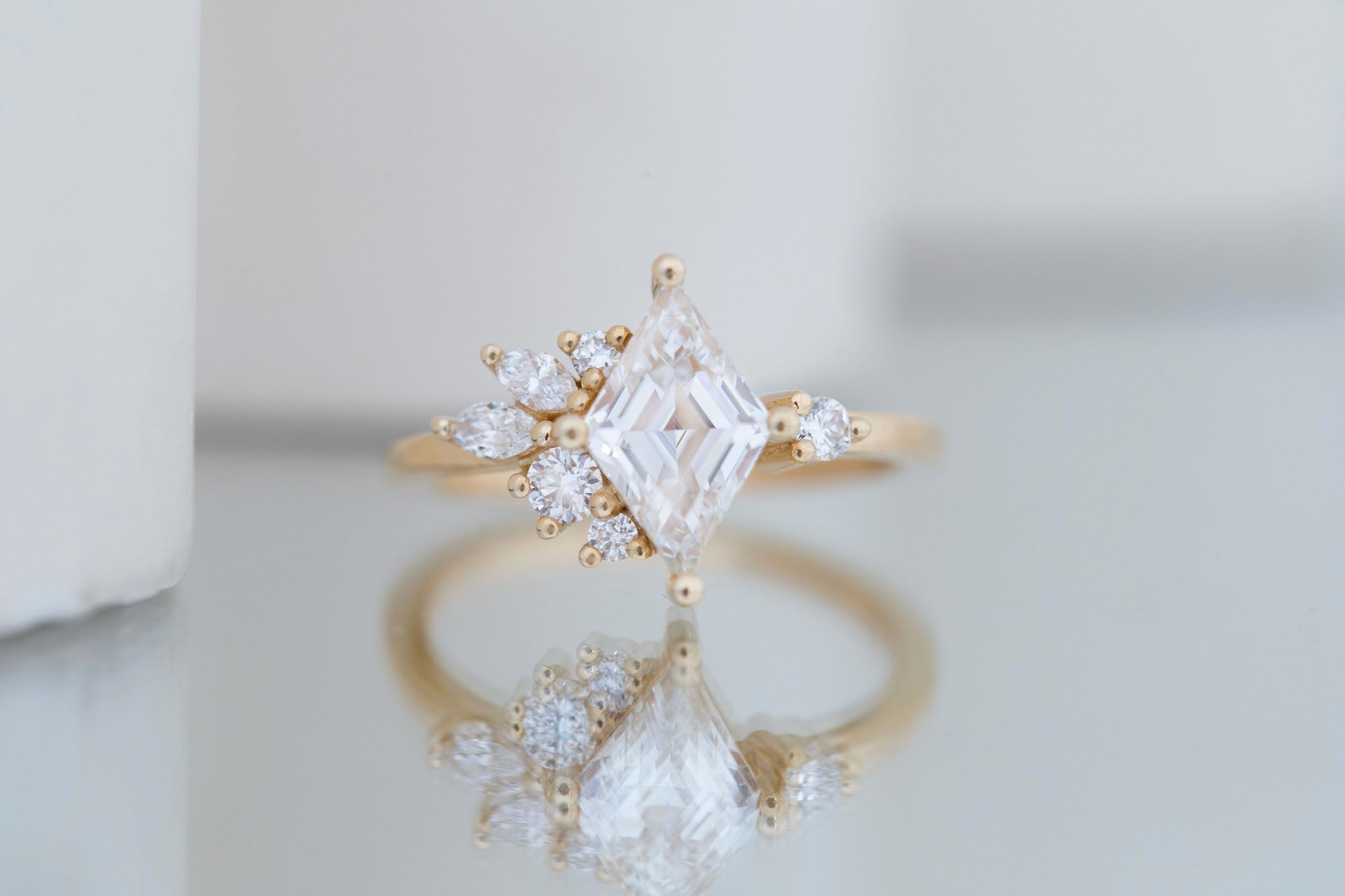Alden Ring | Lab Diamond Rhombus + Diamond Cluster Engagement Ring 1.40 ct | 14k Recycled Gold | One of a Kind
