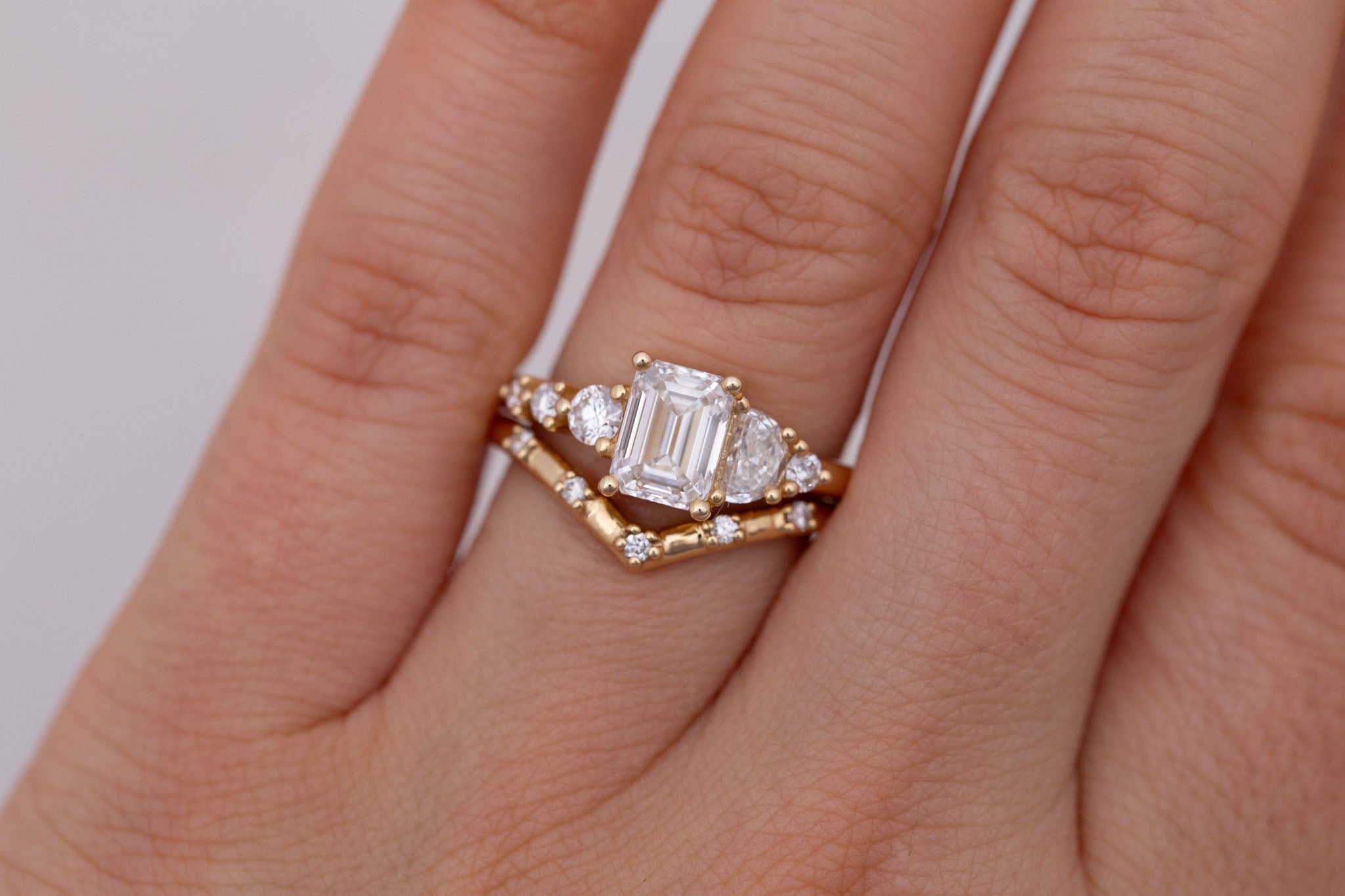 Sarine Ring | Lab Emerald Cut + Half Moon Diamond + Diamond Cluster Engagement Ring 1.41 ct | 14k Recycled Gold | One of a Kind