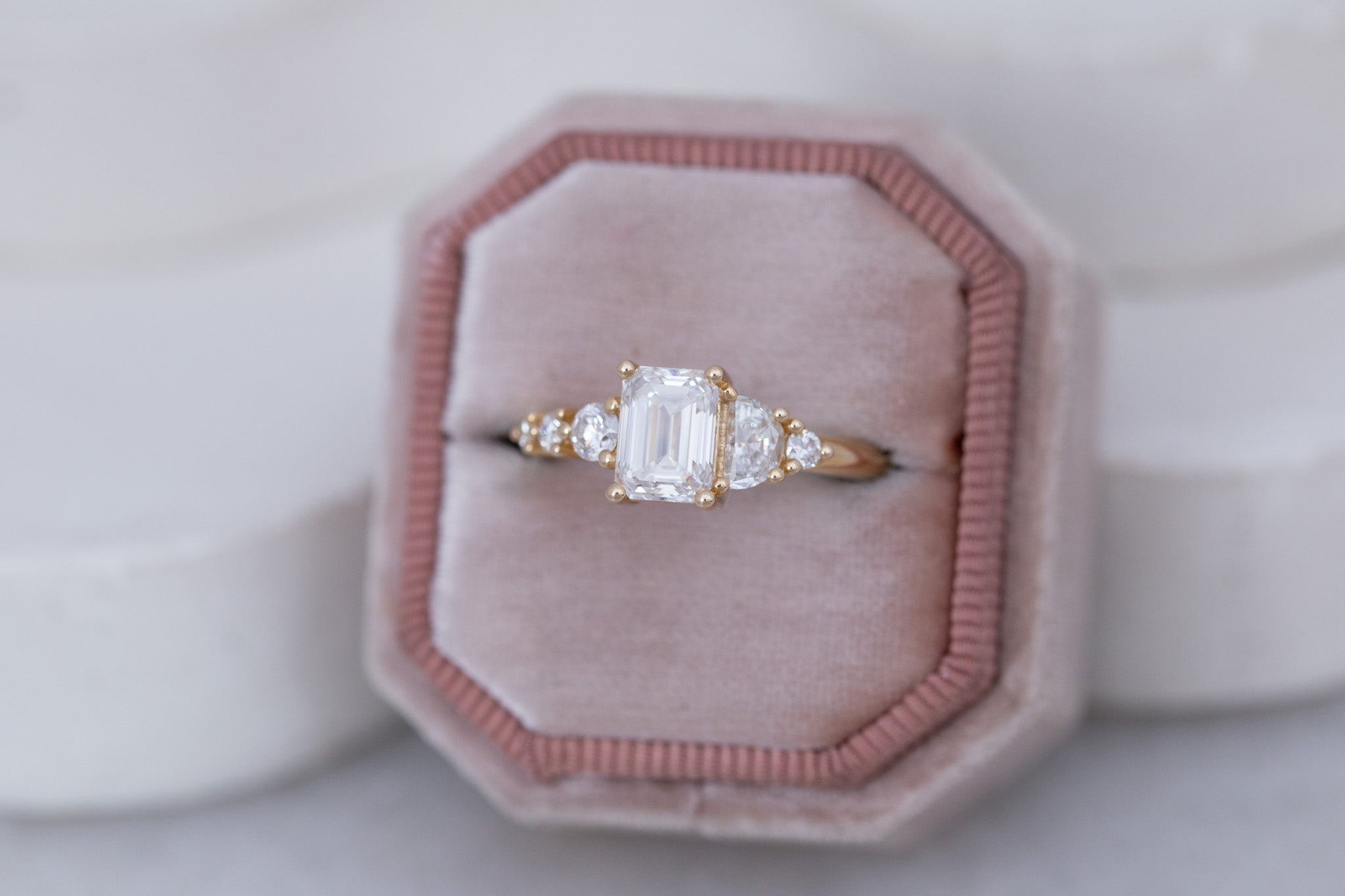 Sarine Ring | Lab Emerald Cut + Half Moon Diamond + Diamond Cluster Engagement Ring 1.41 ct | 14k Recycled Gold | One of a Kind