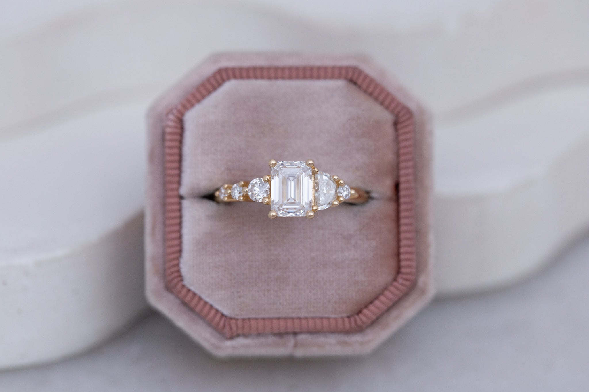 Sarine Ring | Lab Emerald Cut + Half Moon Diamond + Diamond Cluster Engagement Ring 1.41 ct | 14k Recycled Gold | One of a Kind
