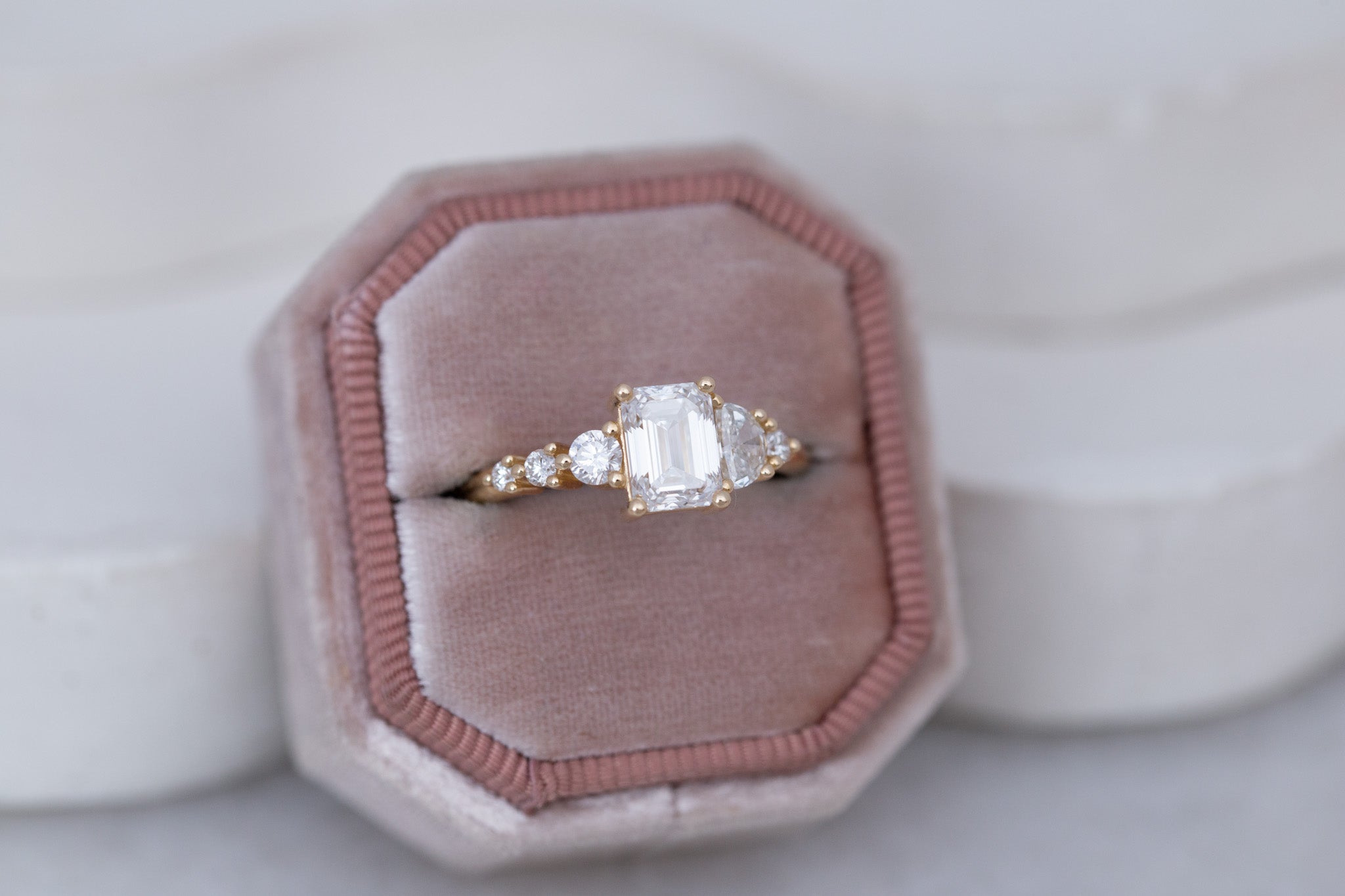 Sarine Ring | Lab Emerald Cut + Half Moon Diamond + Diamond Cluster Engagement Ring 1.41 ct | 14k Recycled Gold | One of a Kind