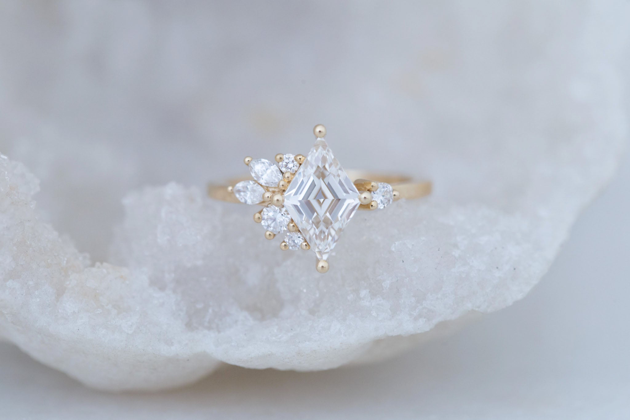 Alden Ring | Lab Diamond Rhombus + Diamond Cluster Engagement Ring 1.48 ct | 14k Recycled Gold | One of a Kind