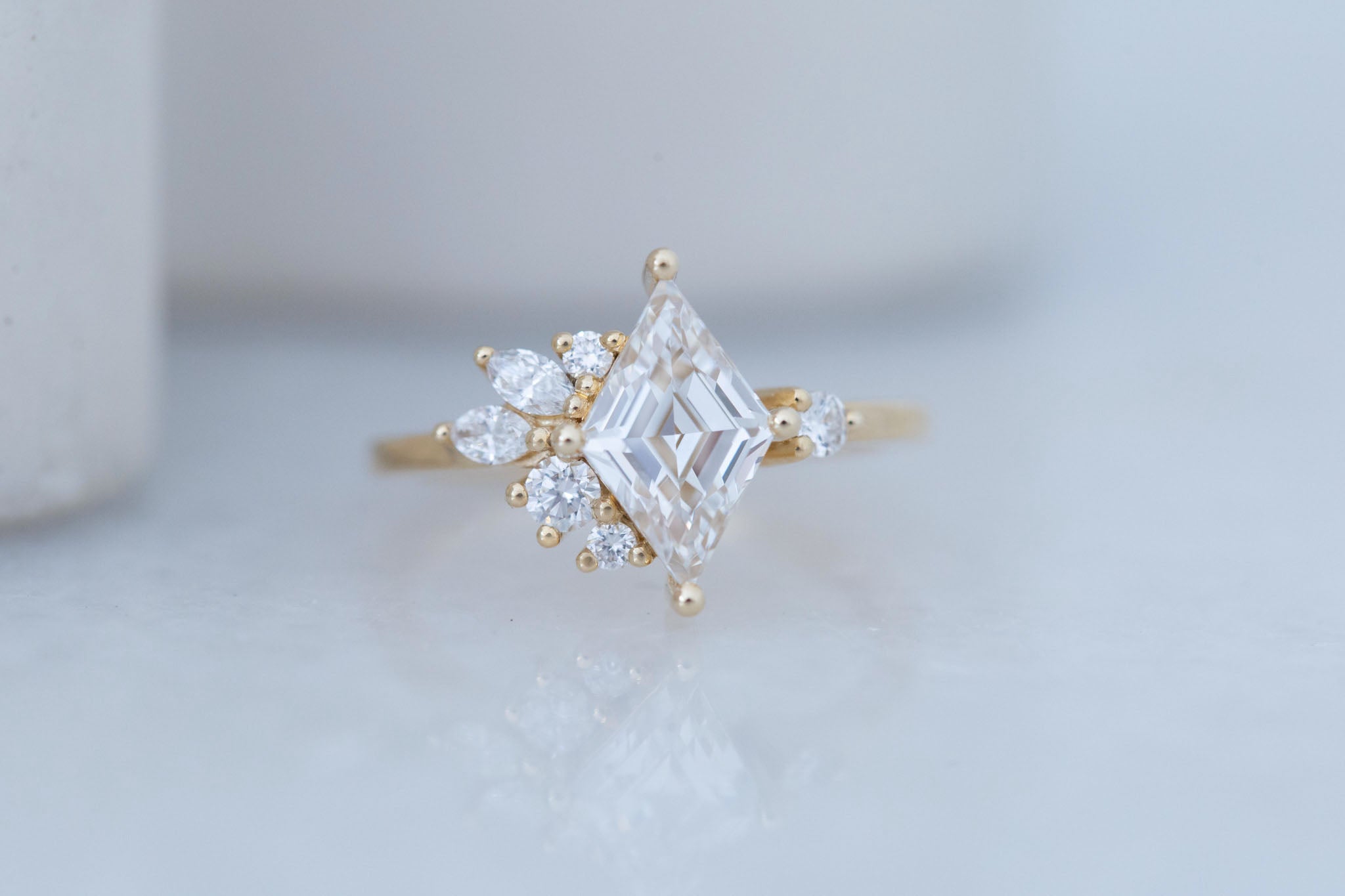 Alden Ring | Lab Diamond Rhombus + Diamond Cluster Engagement Ring 1.48 ct | 14k Recycled Gold | One of a Kind