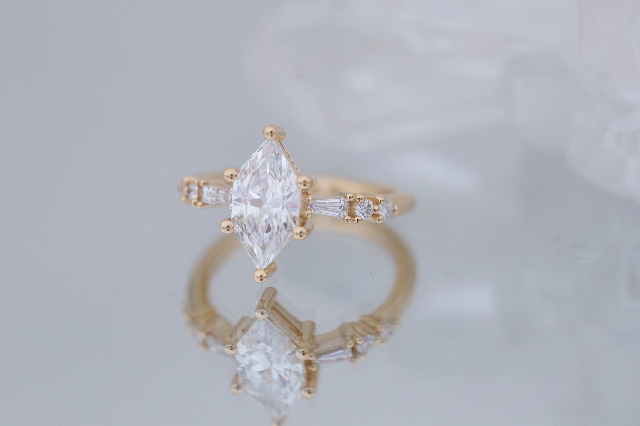 Liesel Ring | Lab Duchess Cut Diamond + Lab Diamond Baguette Accent Engagement Ring 1.48 ct | 14k Recycled Gold | One of a Kind