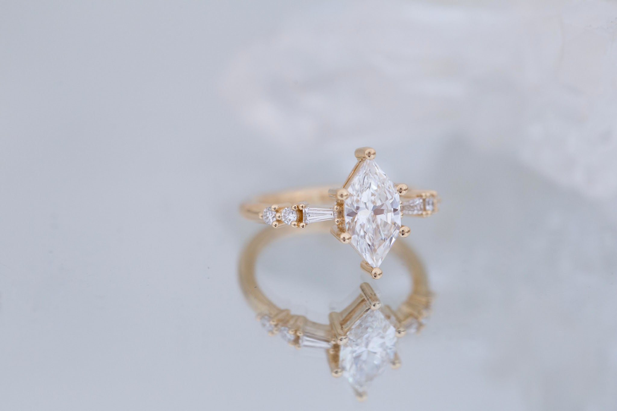 Liesel Ring | Lab Duchess Cut Diamond + Lab Diamond Baguette Accent Engagement Ring 1.48 ct | 14k Recycled Gold | One of a Kind