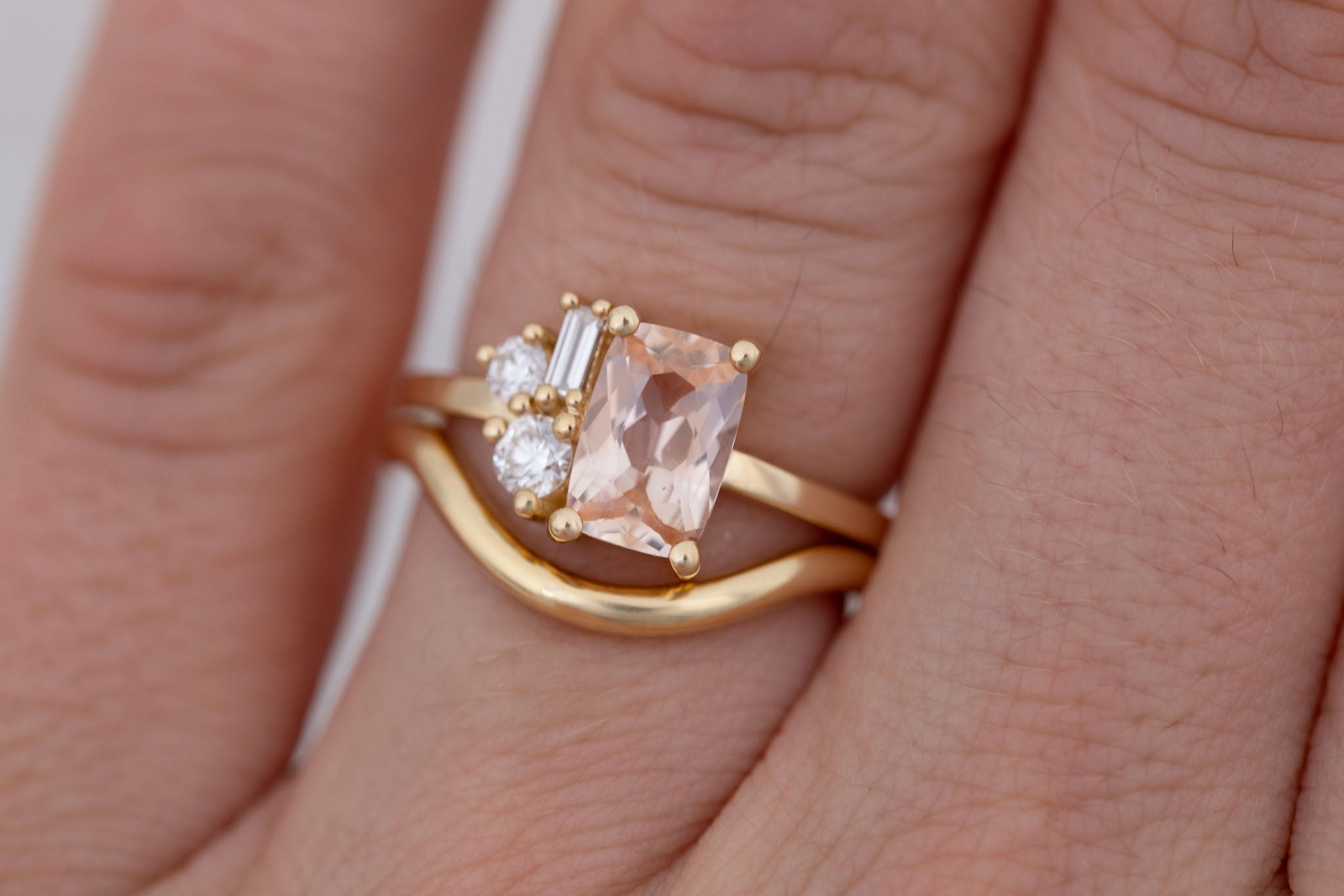 Emory Ring | Peach Sapphire + Baguette and Round Diamond Cluster Engagement Ring 1.48 ct | 14k Recycled Gold | One of a Kind