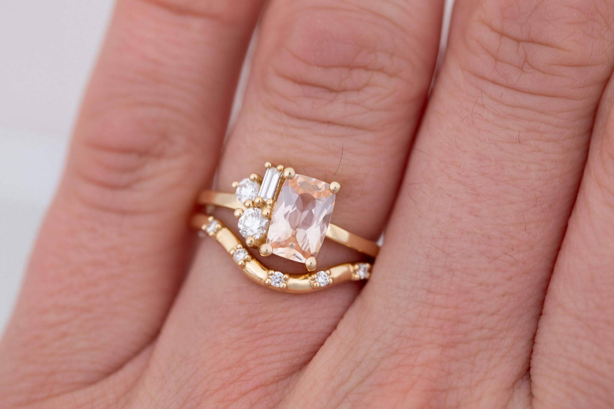 Emory Ring | Peach Sapphire + Baguette and Round Diamond Cluster Engagement Ring 1.48 ct | 14k Recycled Gold | One of a Kind