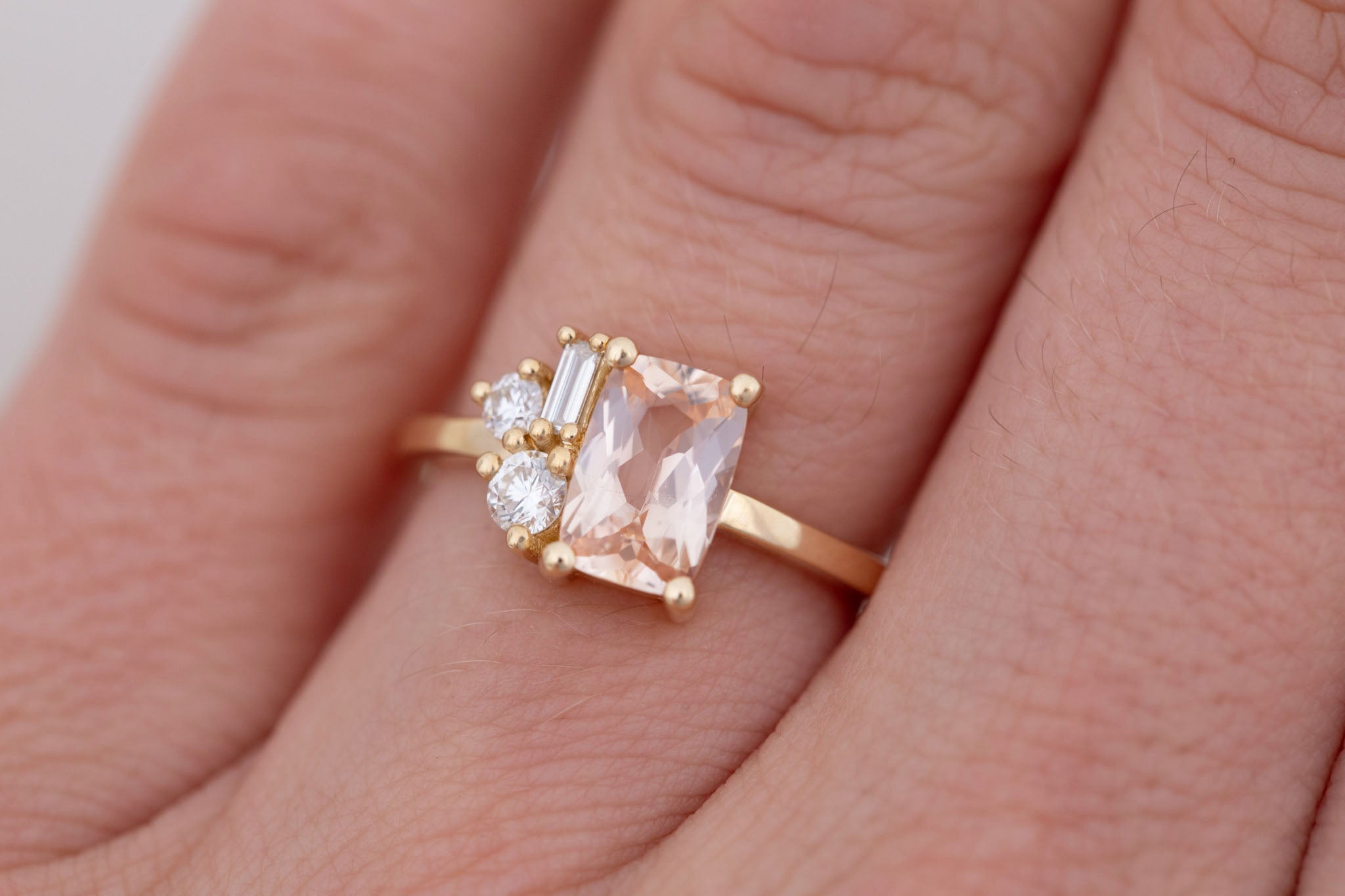 Emory Ring | Peach Sapphire + Baguette and Round Diamond Cluster Engagement Ring 1.48 ct | 14k Recycled Gold | One of a Kind