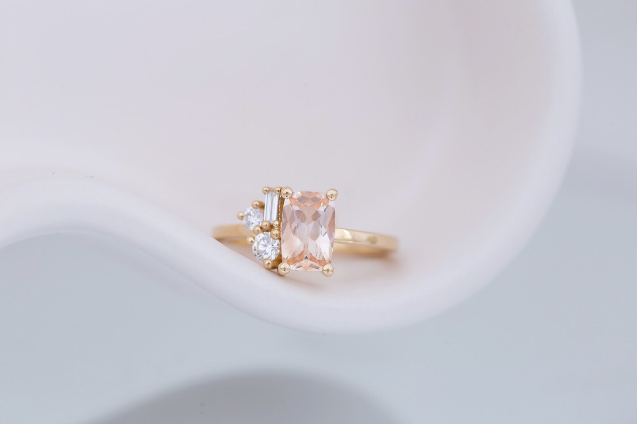 Emory Ring | Peach Sapphire + Baguette and Round Diamond Cluster Engagement Ring 1.48 ct | 14k Recycled Gold | One of a Kind