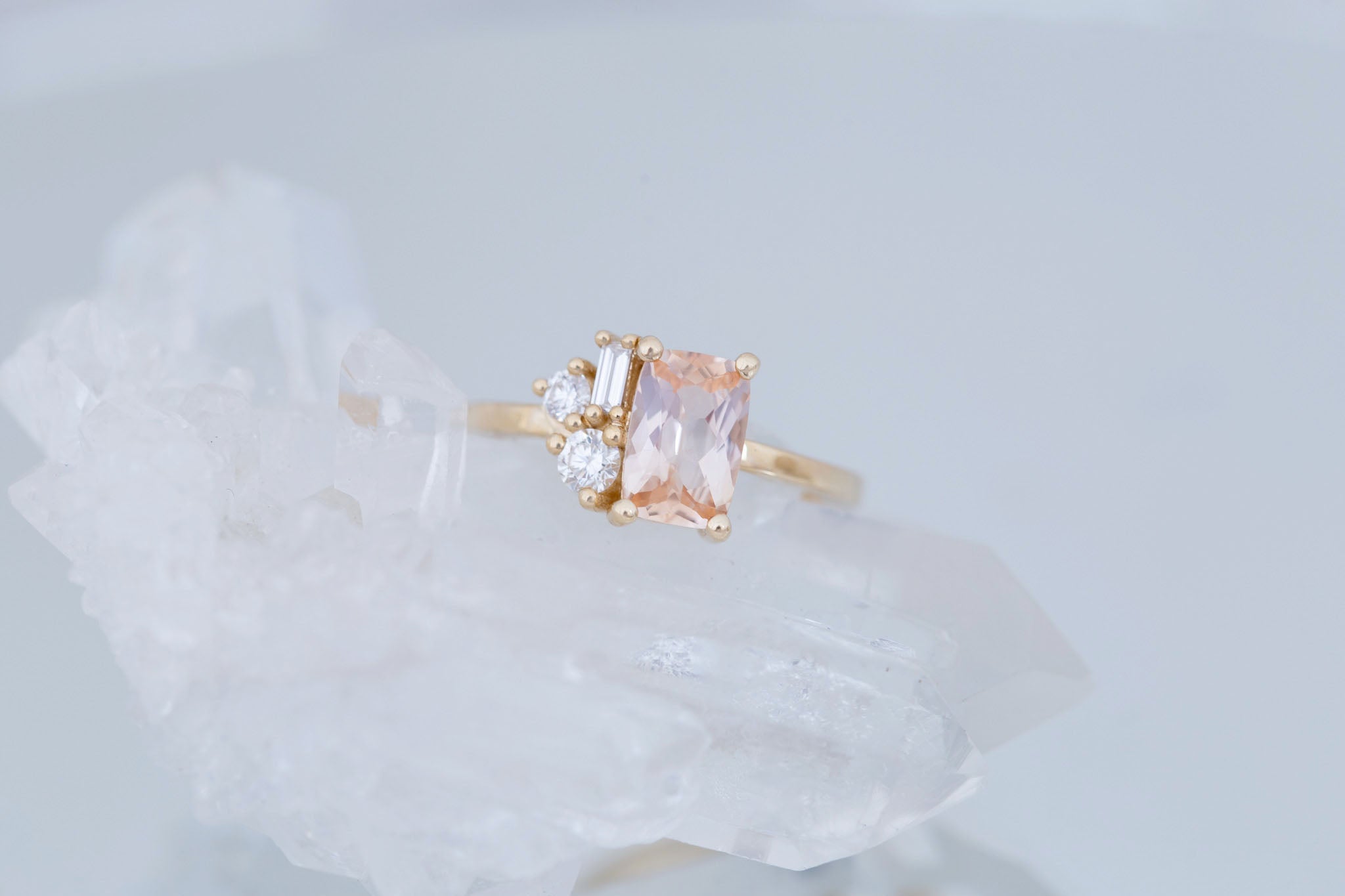 Emory Ring | Peach Sapphire + Baguette and Round Diamond Cluster Engagement Ring 1.48 ct | 14k Recycled Gold | One of a Kind