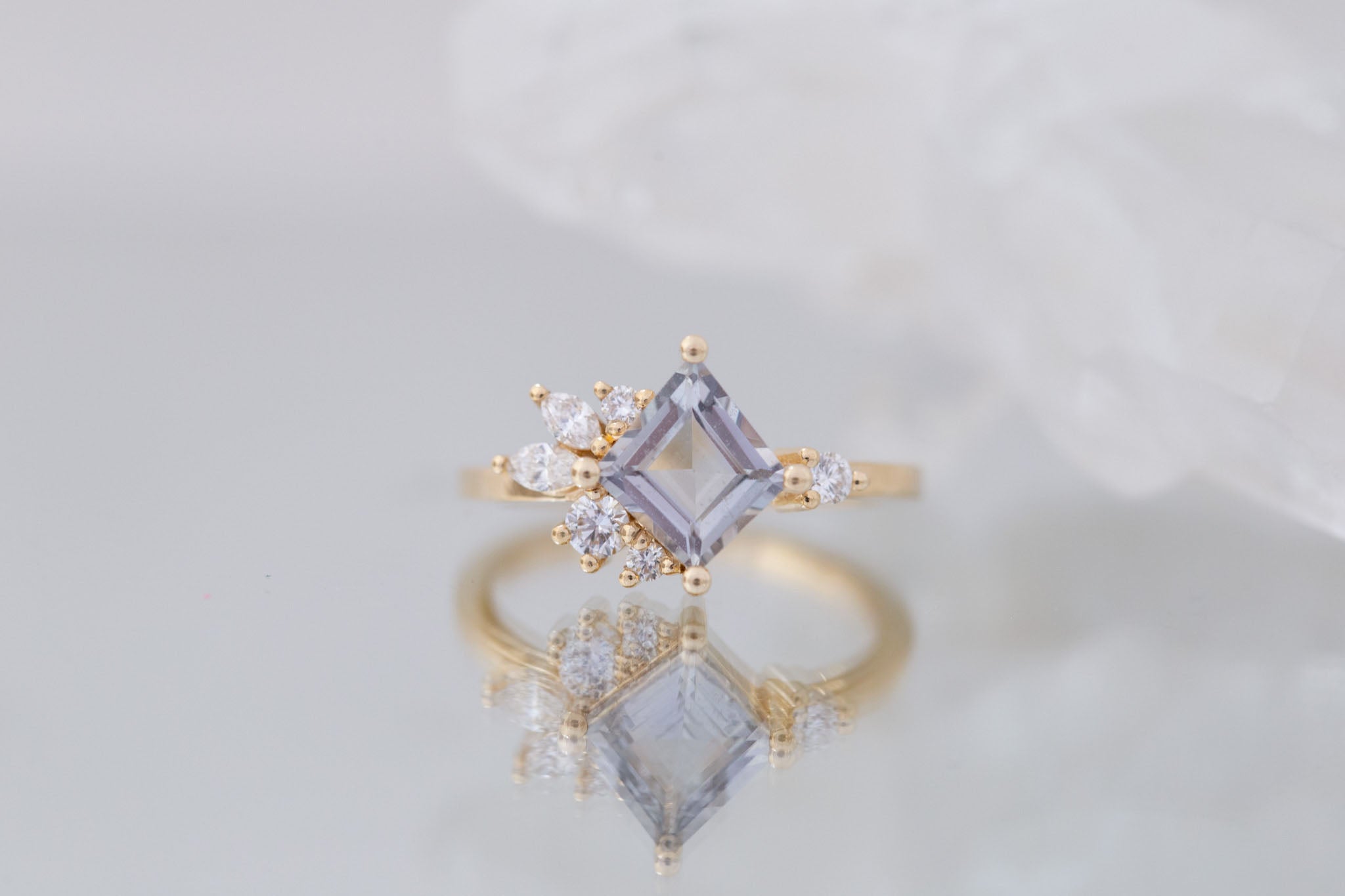 Alden Ring | Gray Sapphire Rhombus + Diamond Cluster Engagement Ring 1.52 ct | 14k Recycled Gold | One of a Kind