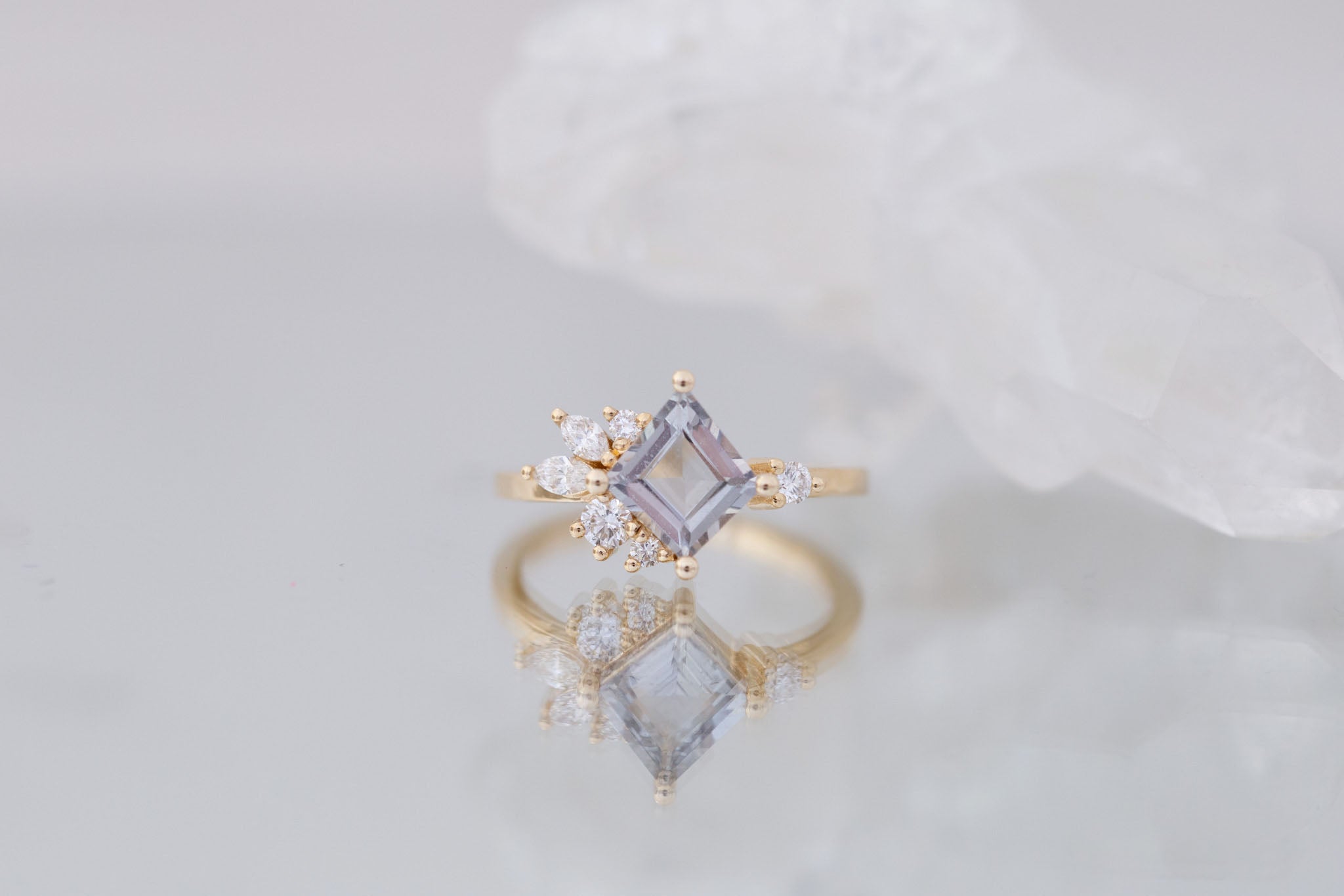 Alden Ring | Gray Sapphire Rhombus + Diamond Cluster Engagement Ring 1.52 ct | 14k Recycled Gold | One of a Kind