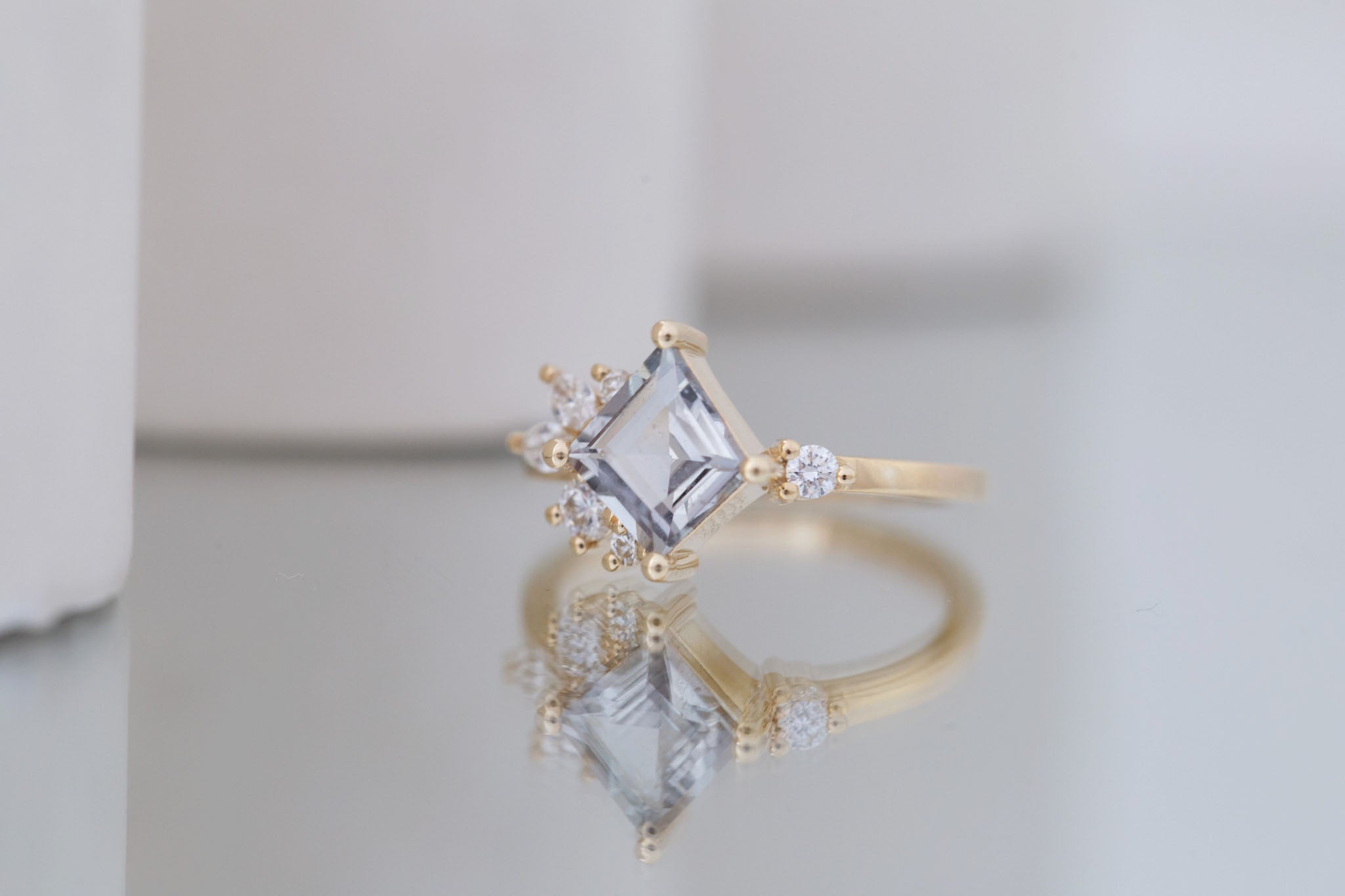 Alden Ring | Gray Sapphire Rhombus + Diamond Cluster Engagement Ring 1.52 ct | 14k Recycled Gold | One of a Kind