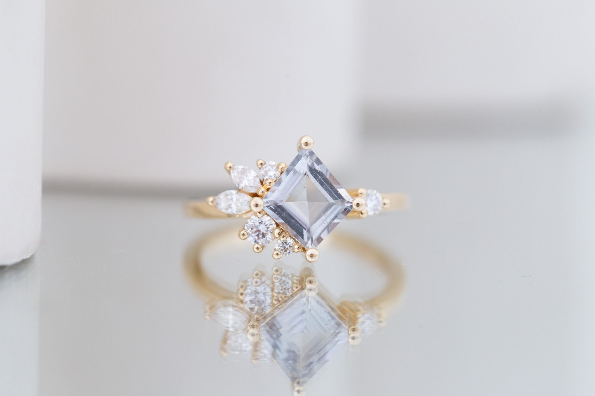Alden Ring | Gray Sapphire Rhombus + Diamond Cluster Engagement Ring 1.52 ct | 14k Recycled Gold | One of a Kind