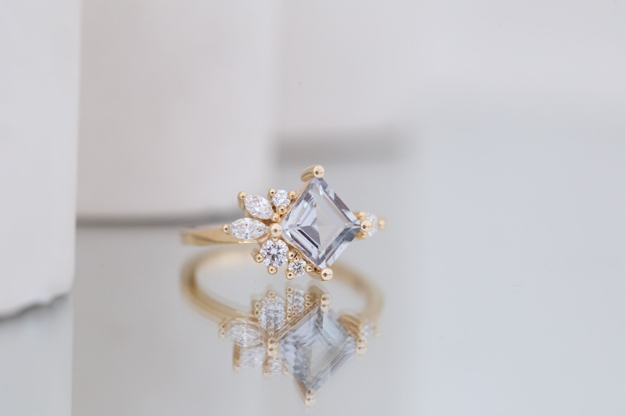 Alden Ring | Gray Sapphire Rhombus + Diamond Cluster Engagement Ring 1.52 ct | 14k Recycled Gold | One of a Kind