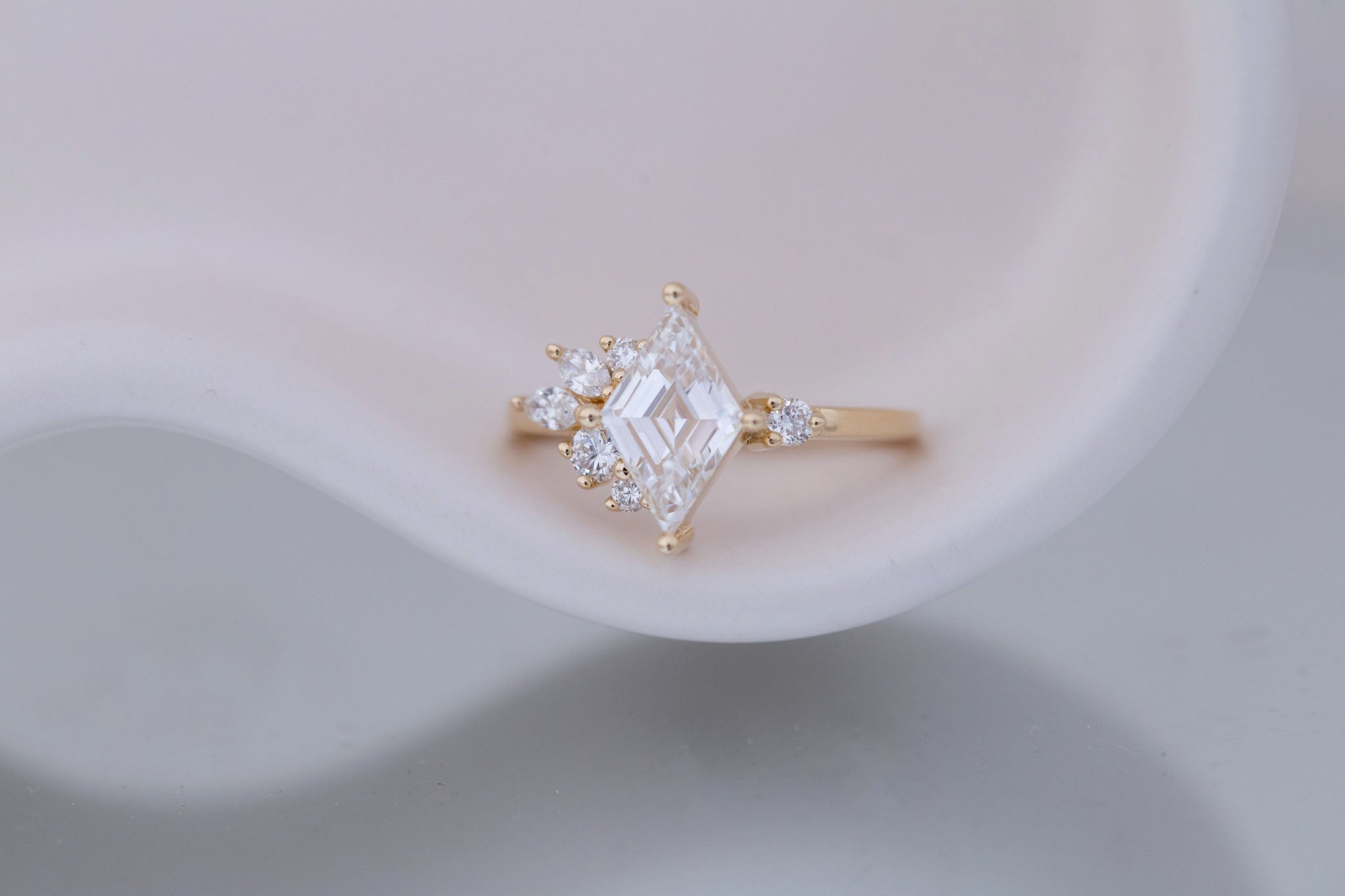 Alden Ring | Lab Diamond Rhombus + Diamond Cluster Engagement Ring 1.52 ct | 14k Recycled Gold | One of a Kind