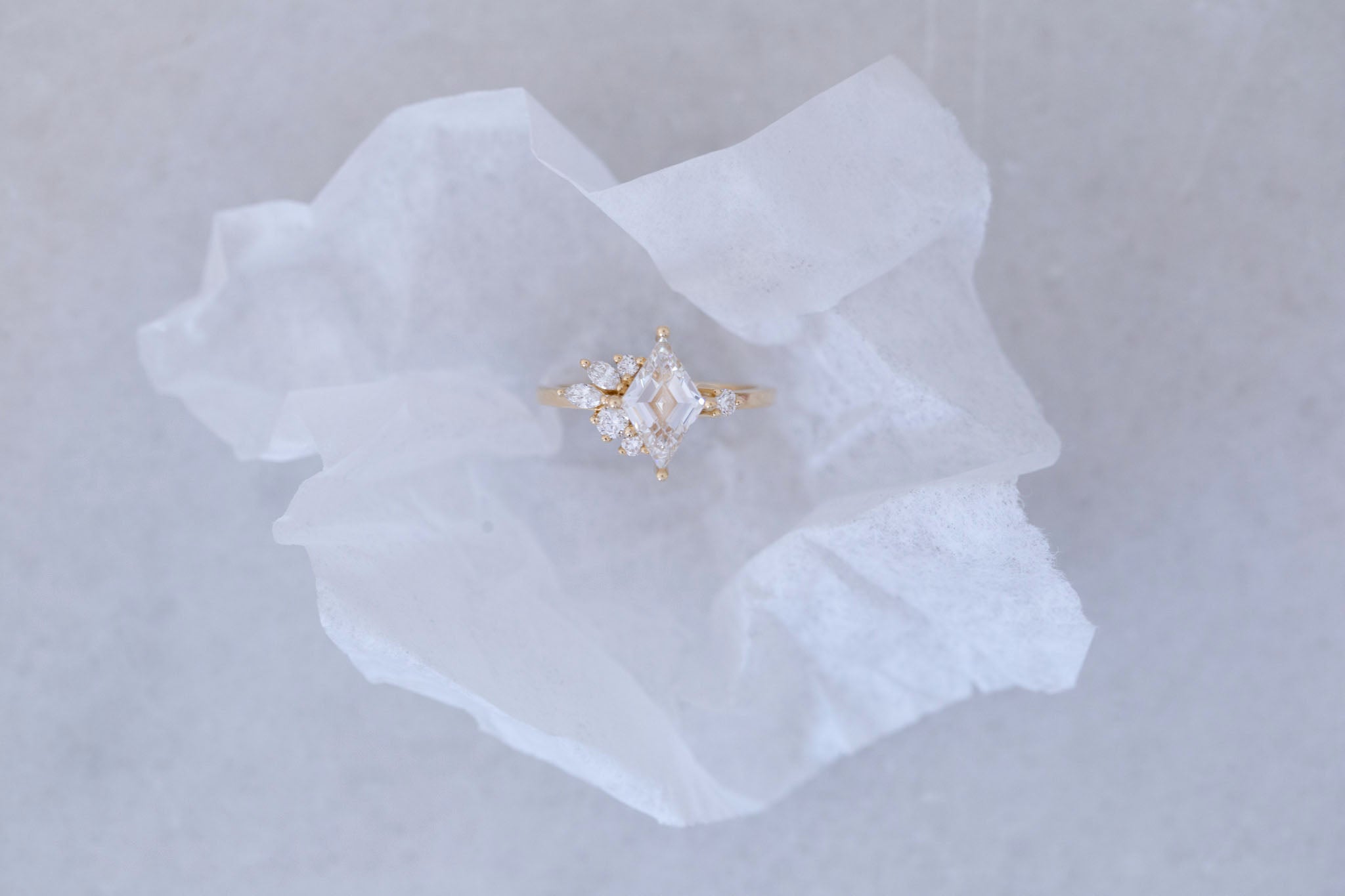 Alden Ring | Lab Diamond Rhombus + Diamond Cluster Engagement Ring 1.52 ct | 14k Recycled Gold | One of a Kind