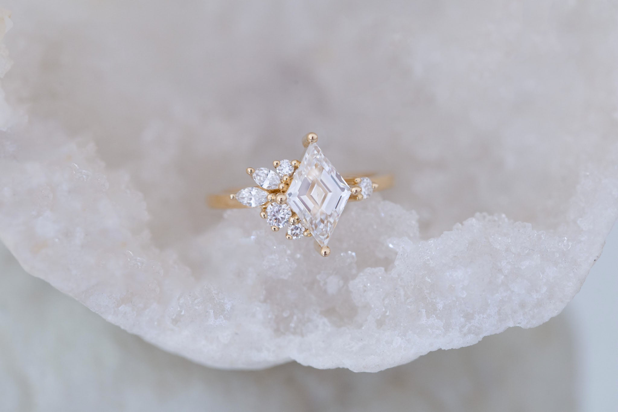 Alden Ring | Lab Diamond Rhombus + Diamond Cluster Engagement Ring 1.52 ct | 14k Recycled Gold | One of a Kind
